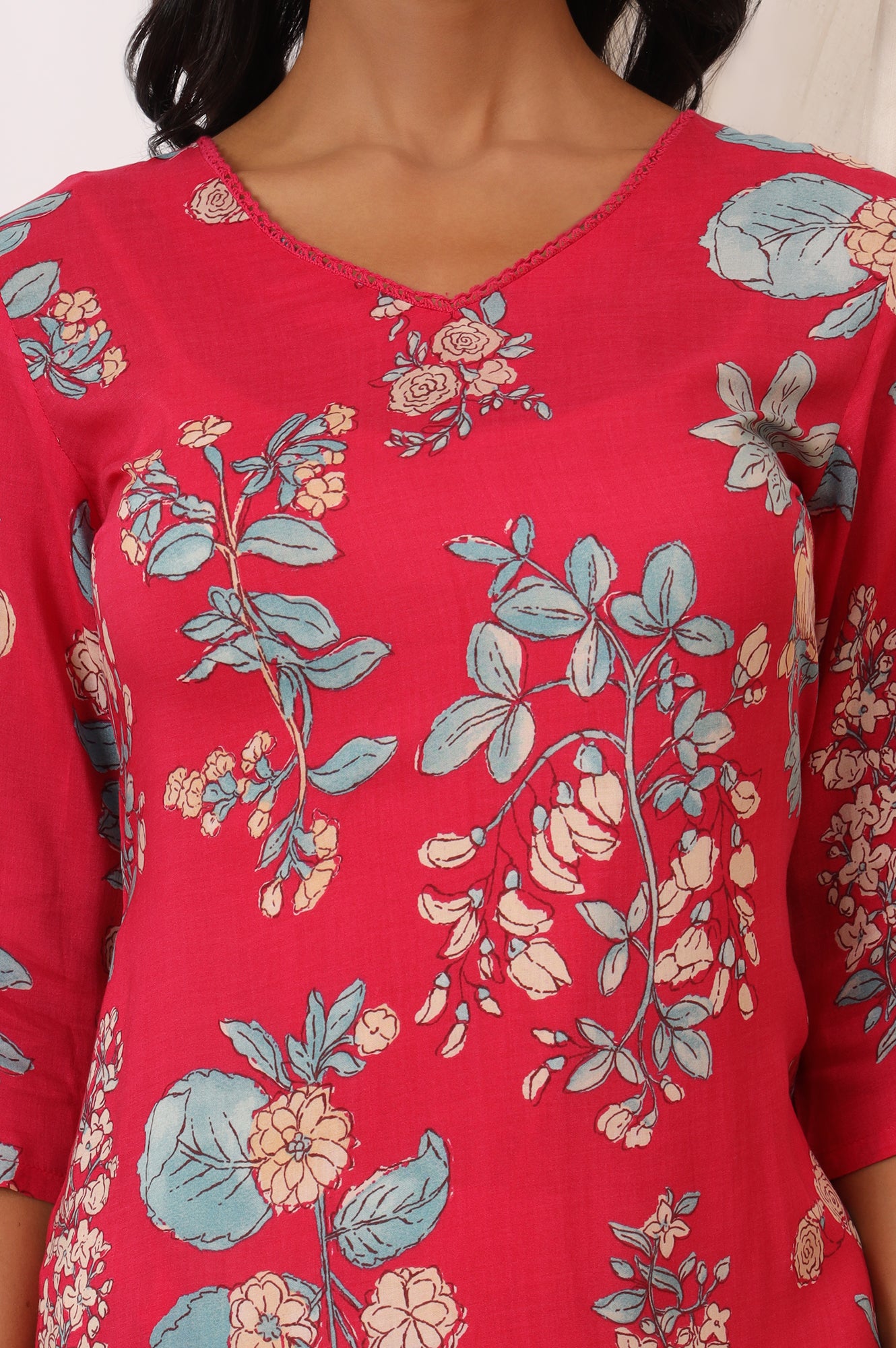 Pink Floral Printed Modal Straight Kurta