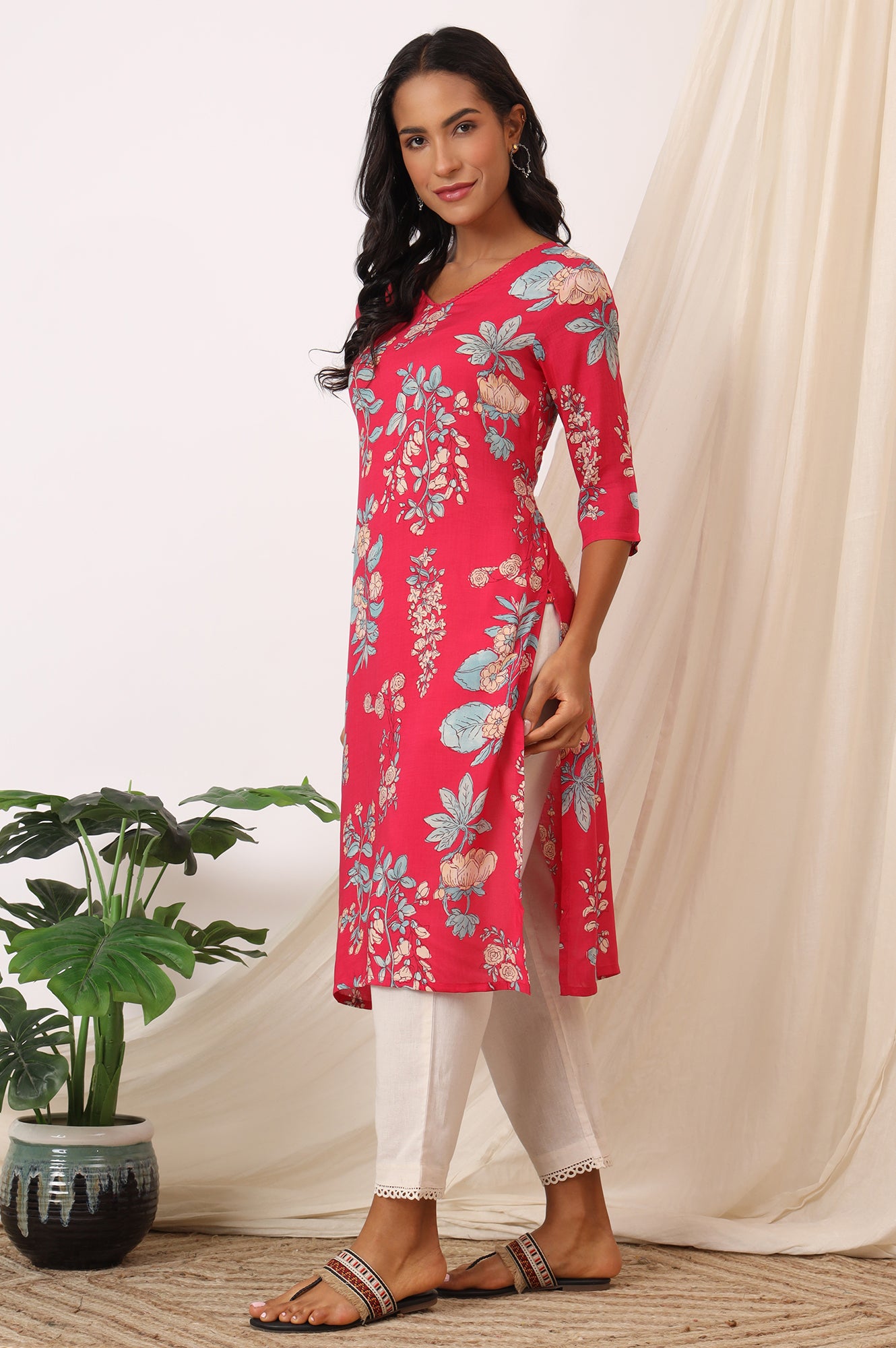 Pink Floral Printed Modal Straight Kurta
