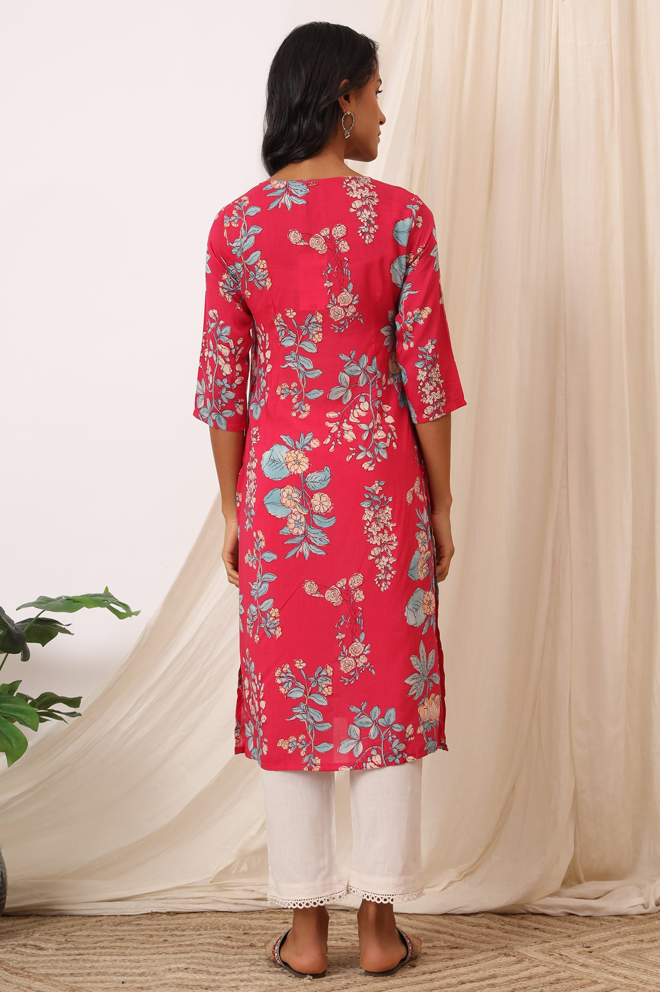 Pink Floral Printed Modal Straight Kurta