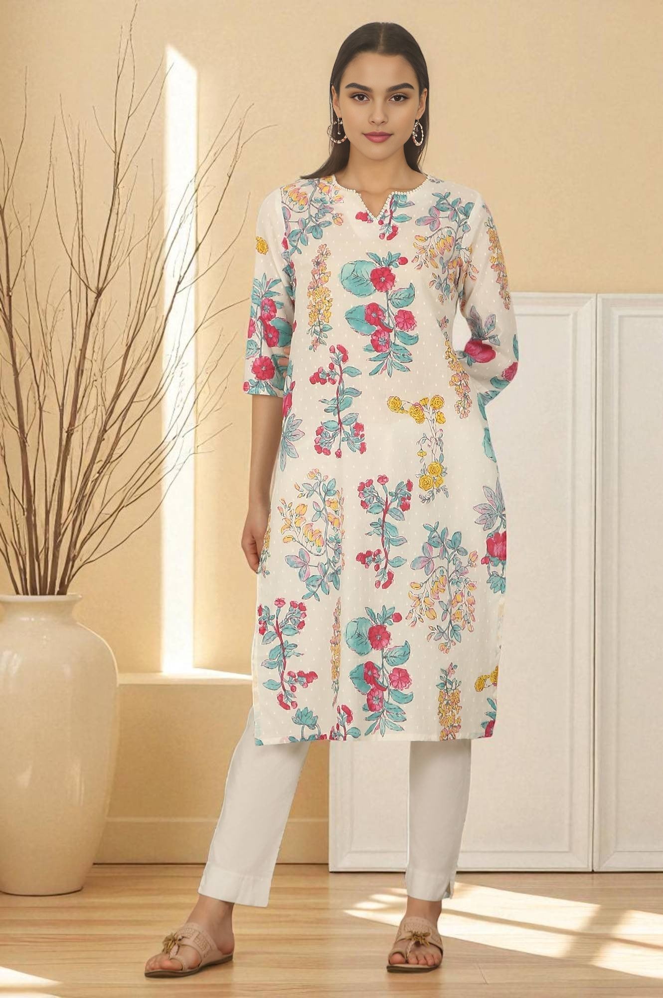 White Floral Printed Textured Cotton Straight Summer Kurta