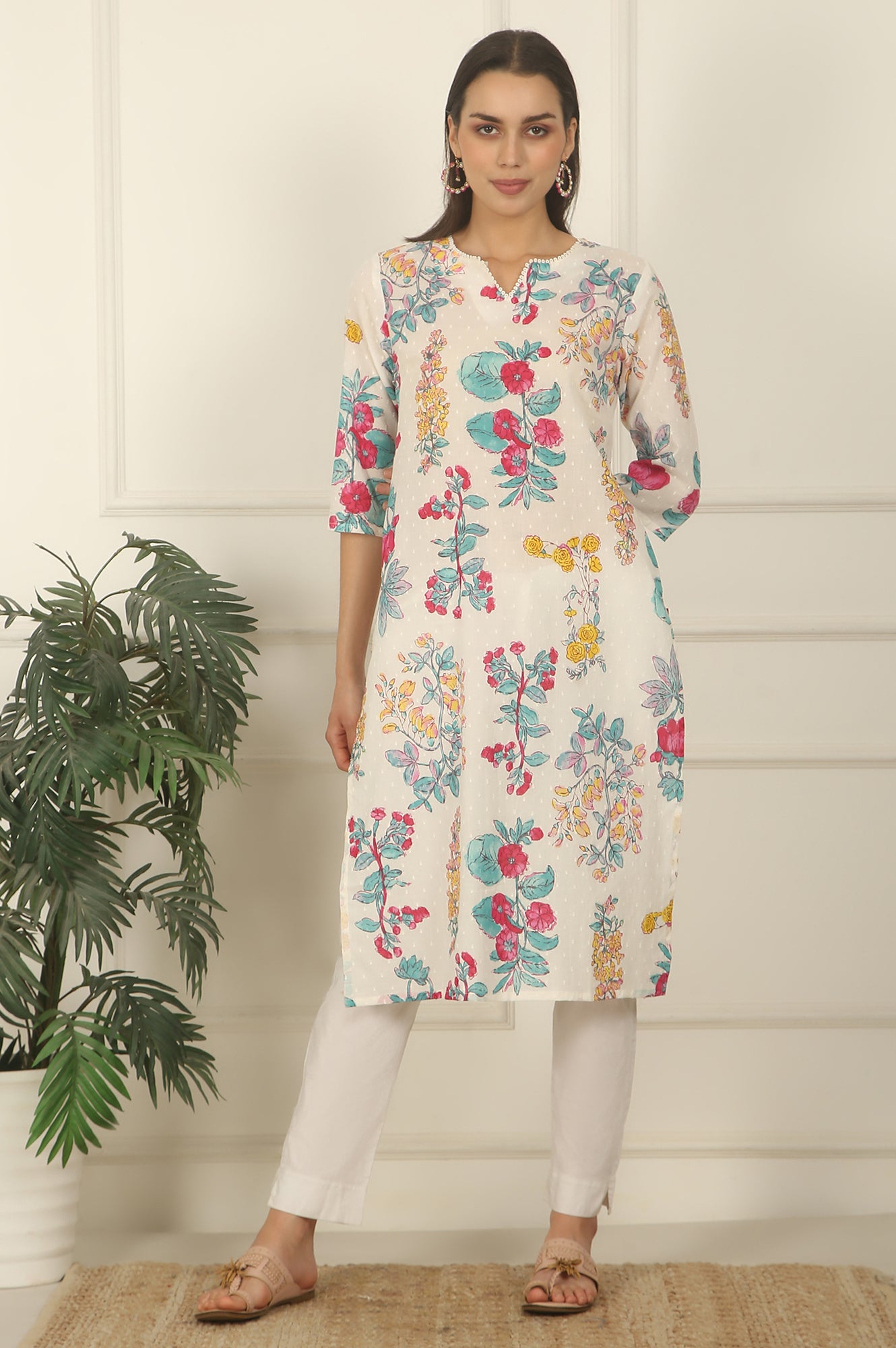 White Floral Printed Textured Cotton Straight Summer Kurta