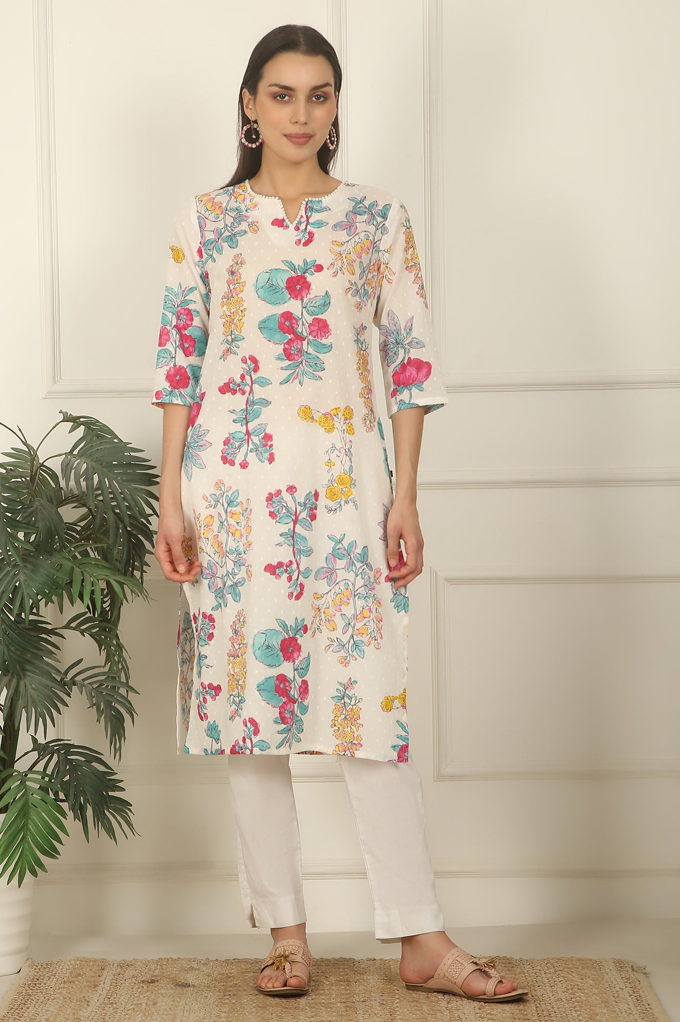 White Floral Printed Textured Cotton Straight Summer Kurta