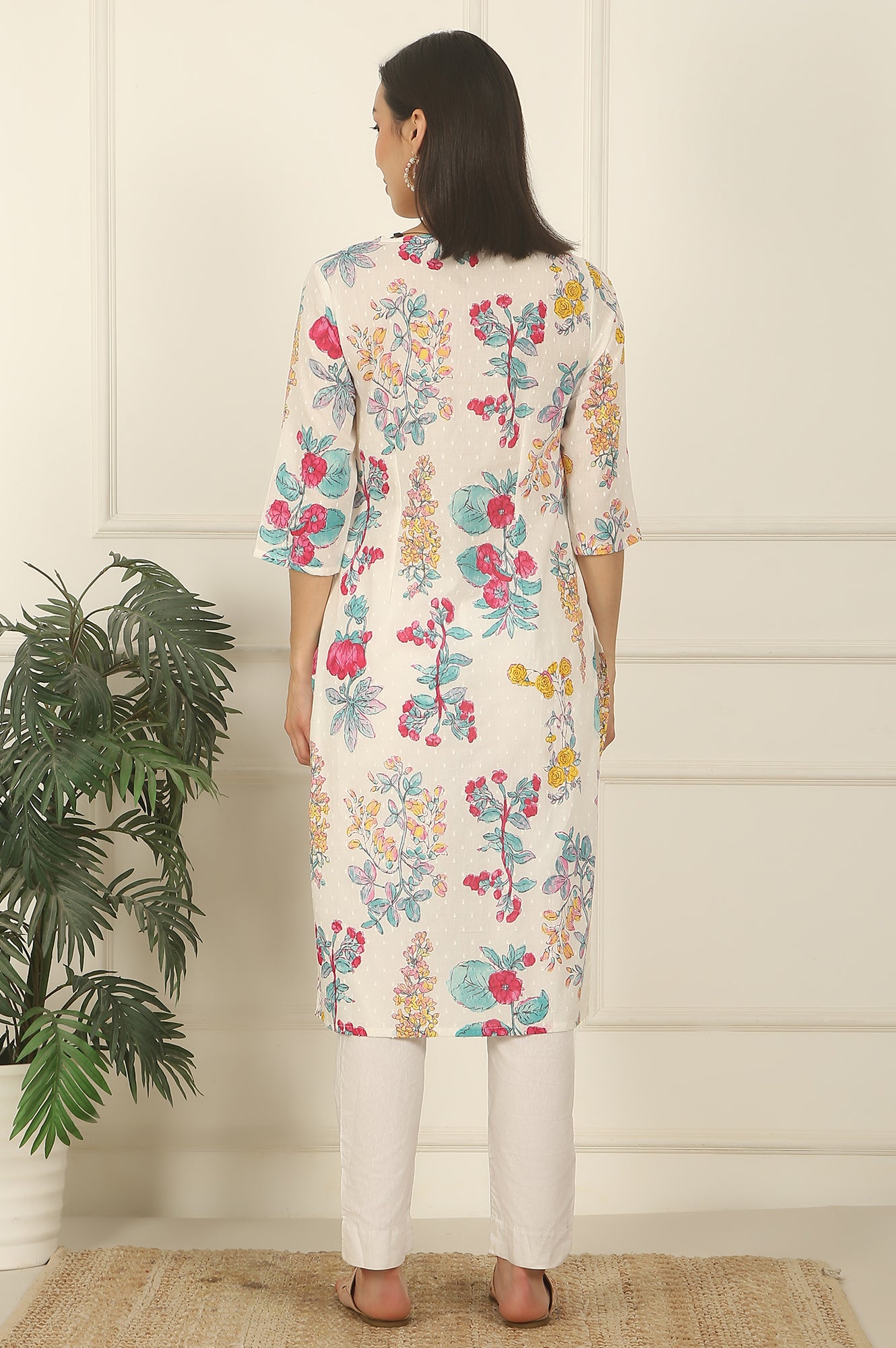 White Floral Printed Textured Cotton Straight Summer Kurta
