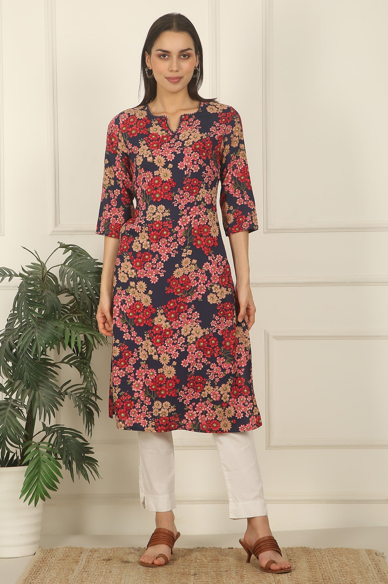 Navy Blue Floral Printed Textured Cotton Straight Summer Kurta