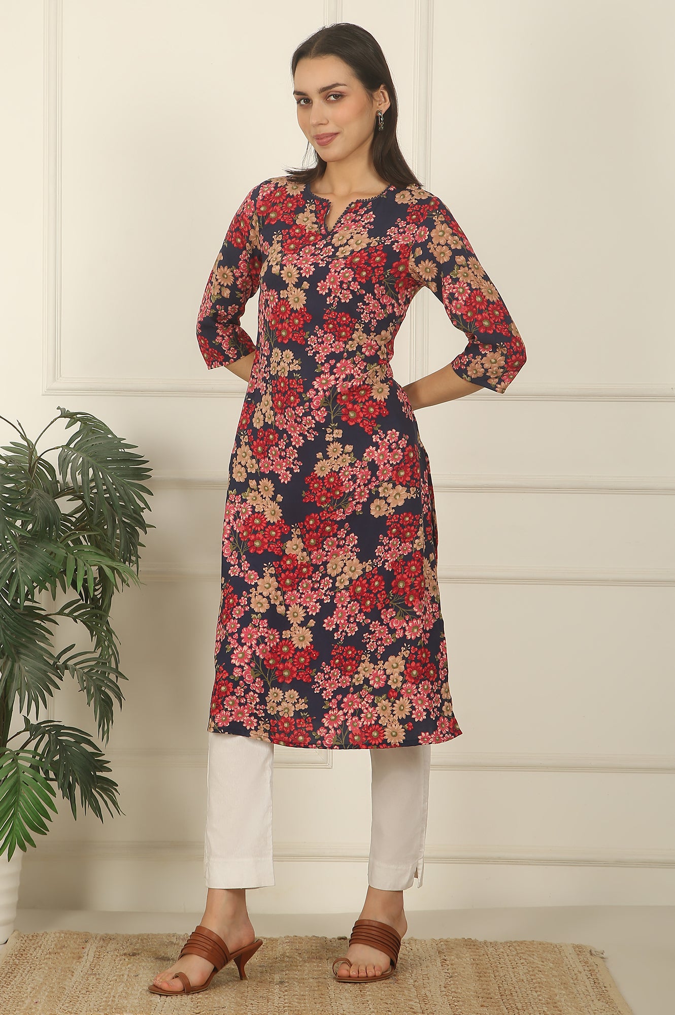 Navy Blue Floral Printed Textured Cotton Straight Summer Kurta