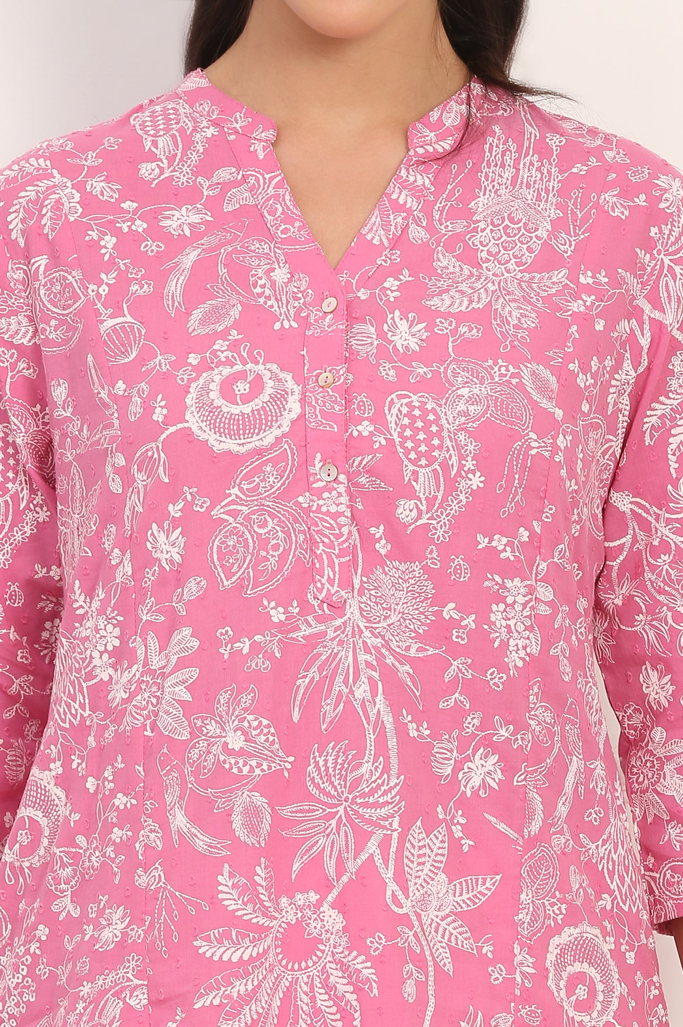 Pink Floral Printed Lurex-Embellished Straight Cotton Lurex Kurta