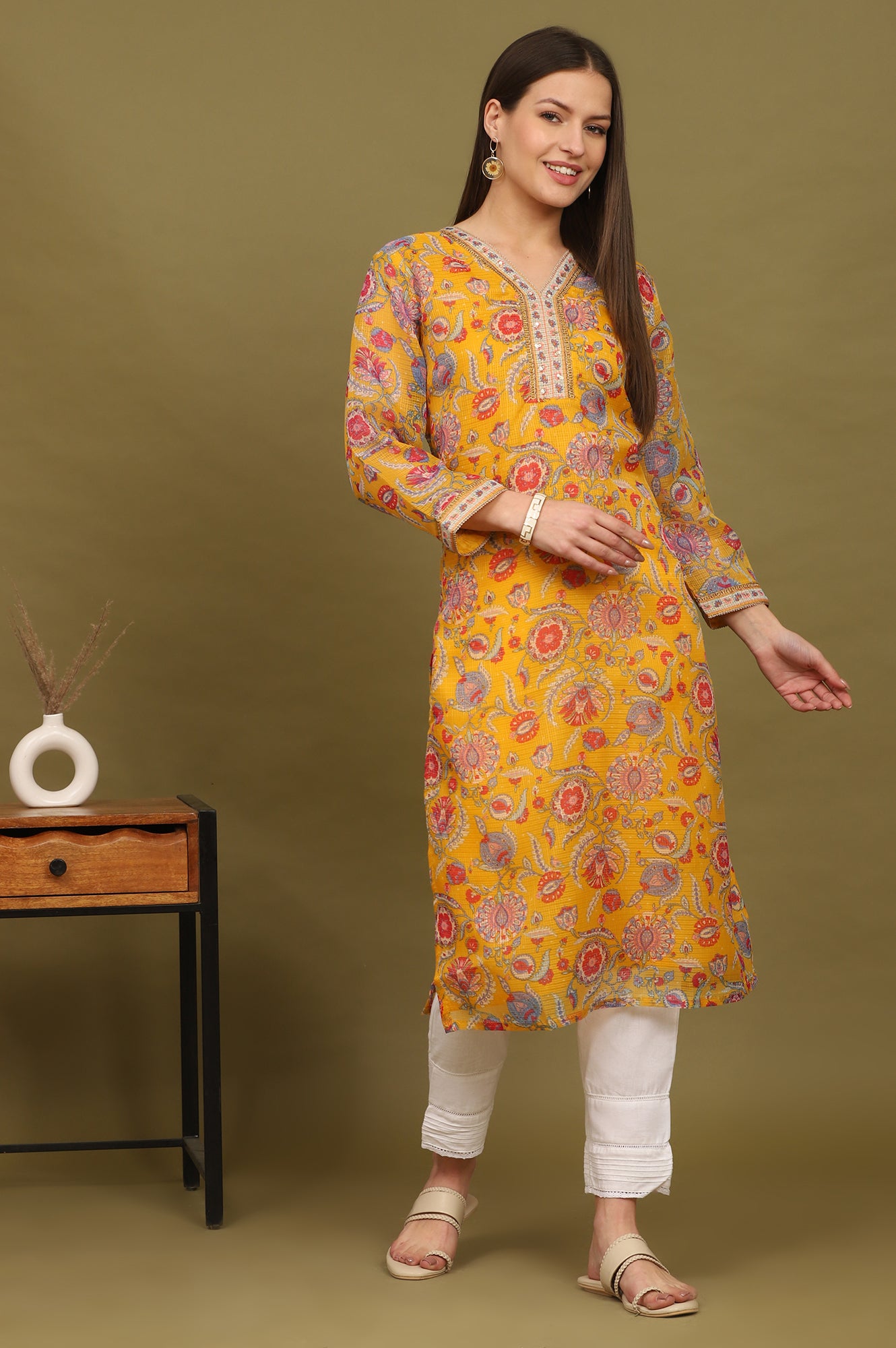 Yellow Floral Printed Straight Kota Kurta