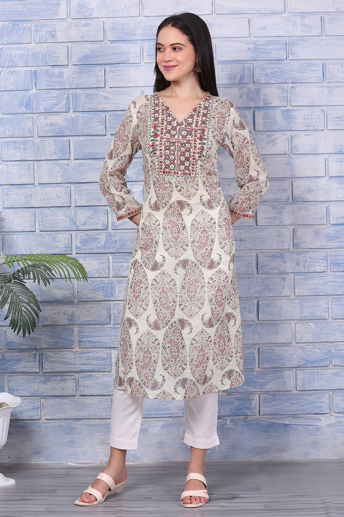 White Paisley Printed Pure Cotton Straight Kurta with Embroidered Yoke