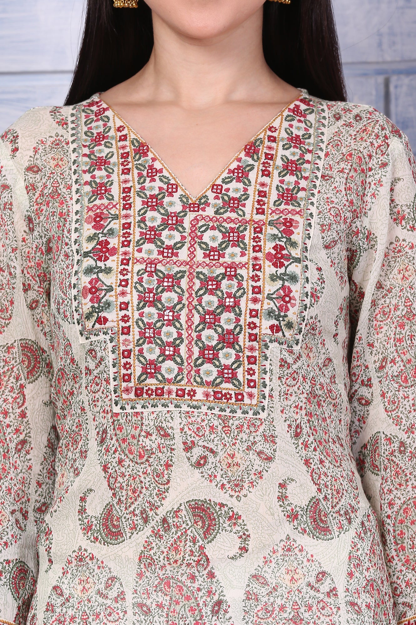 White Paisley Printed Pure Cotton Straight Kurta with Embroidered Yoke