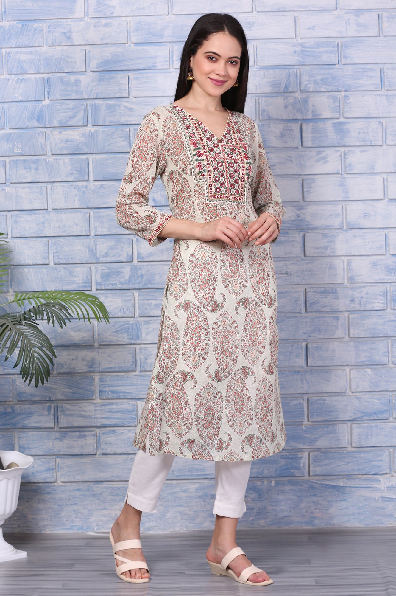 White Paisley Printed Pure Cotton Straight Kurta with Embroidered Yoke