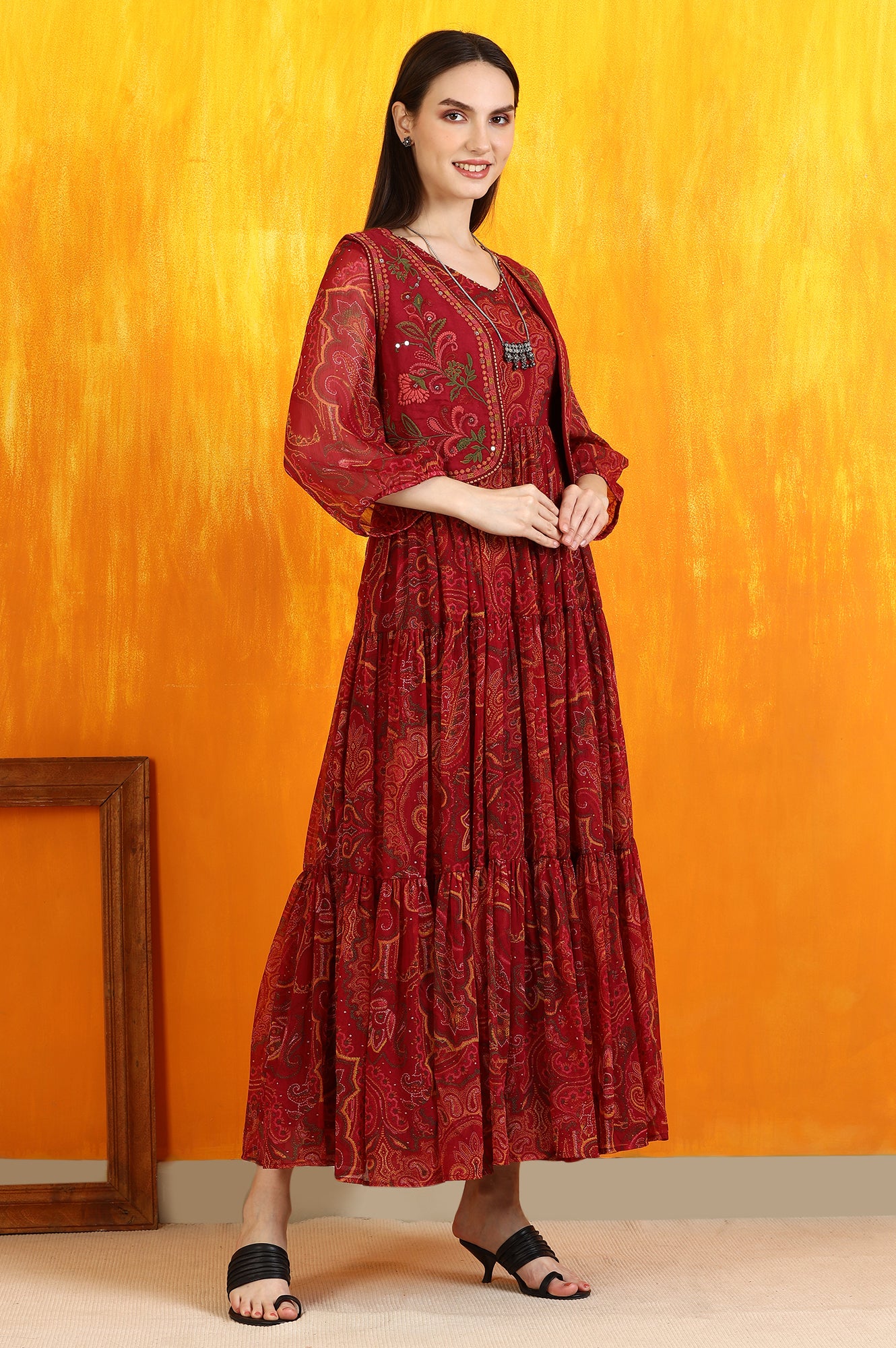 Red Paisley Printed Chiffon Dress and Waistcoat