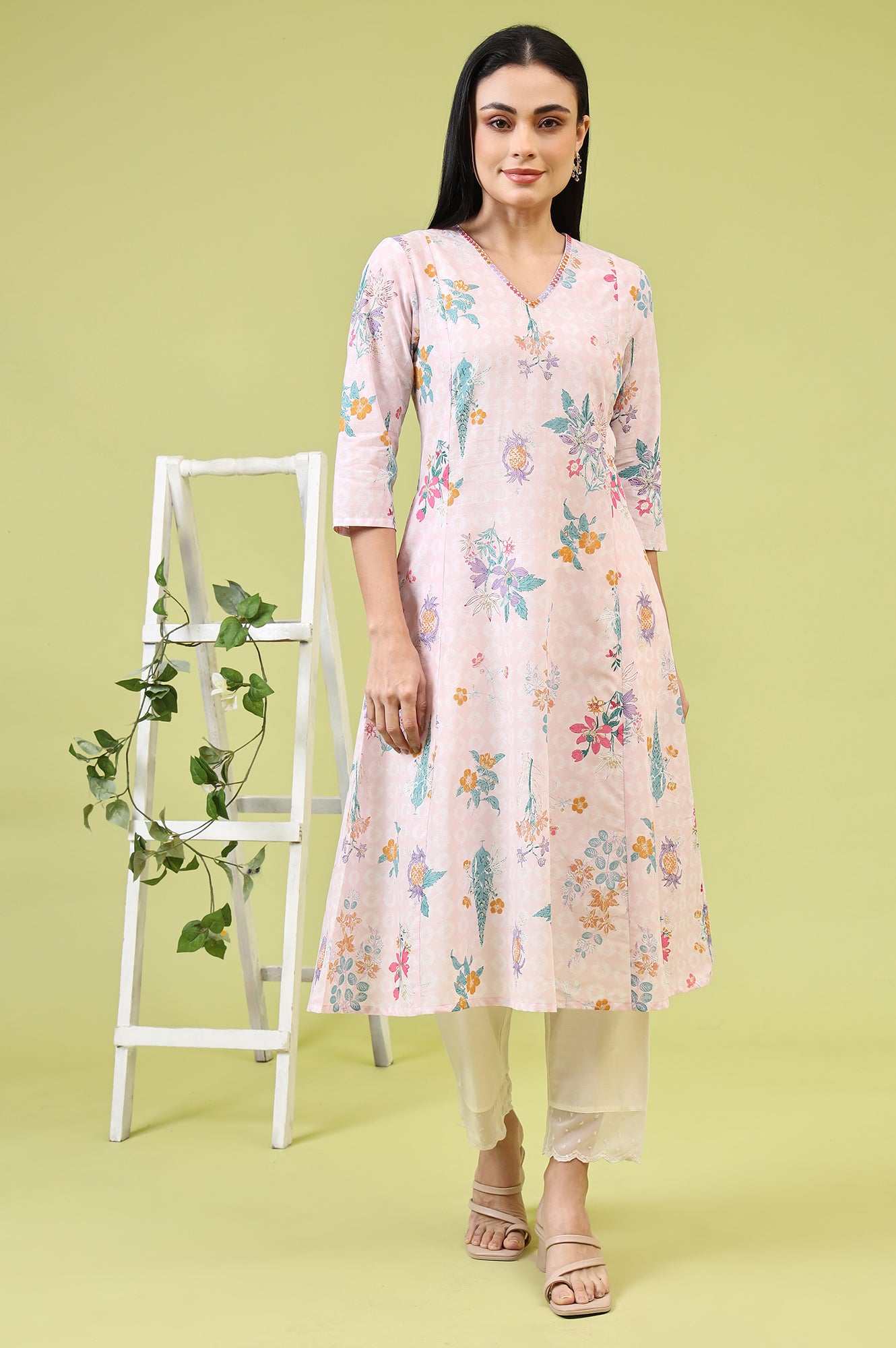 Pink Floral Printed Pure Cotton A-line Kurta with Thread Embroidery