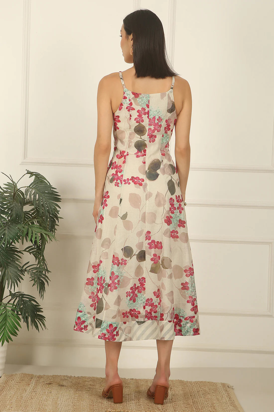 Off-White Foral Printed Cotton Kota Flared Spaghetti Dress