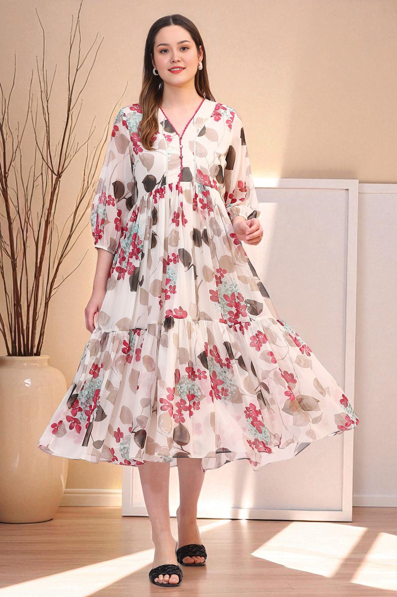 Buy Off White Bold Floral Printed Chiffon Tiered Dress Online for Woman | WforWoman Buy Off White Bold Floral Printed Chiffon Tiered Dress Online for Woman | WforWoman