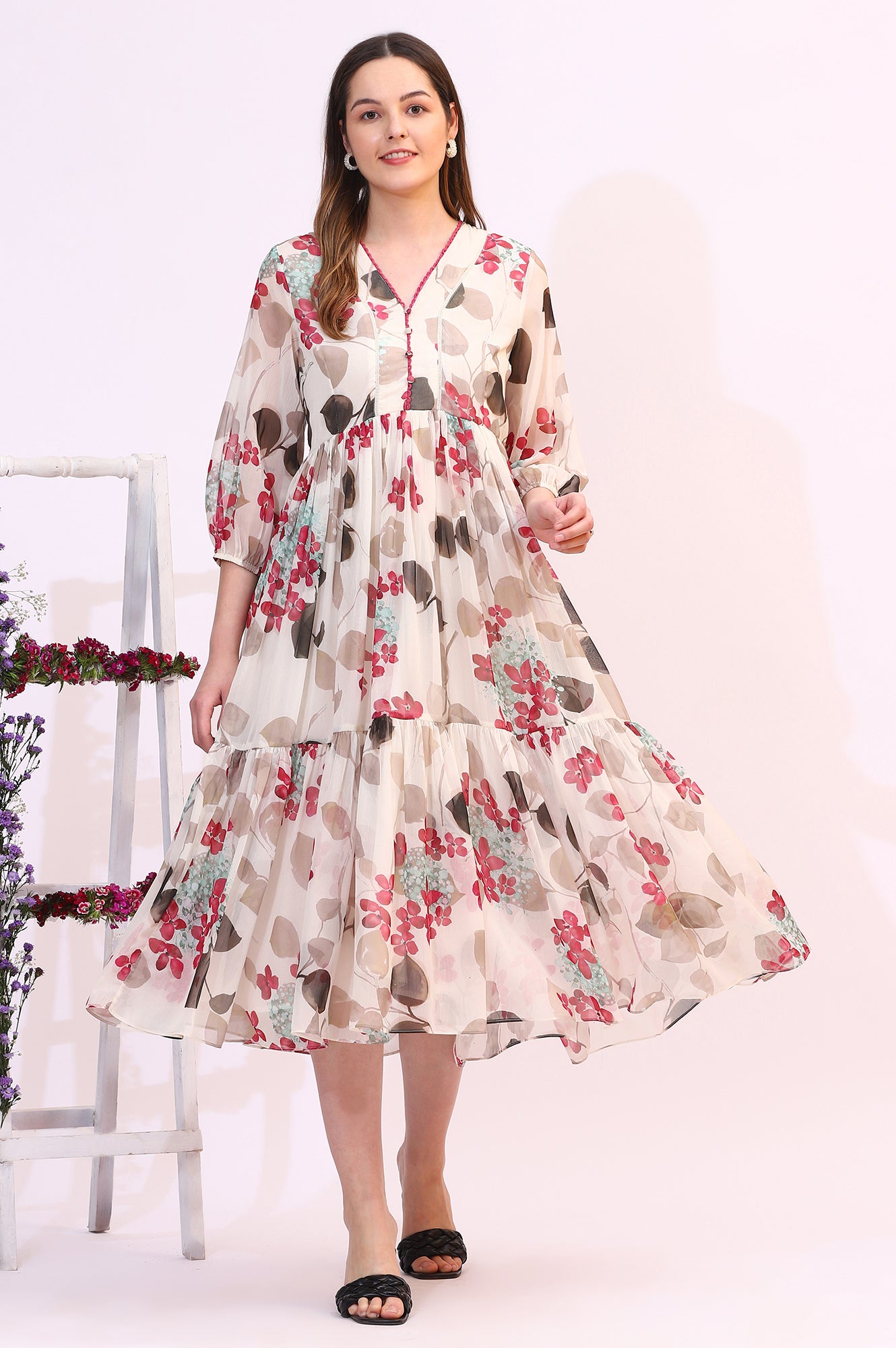 Off White Bold Floral Printed Chiffon Tiered Dress
