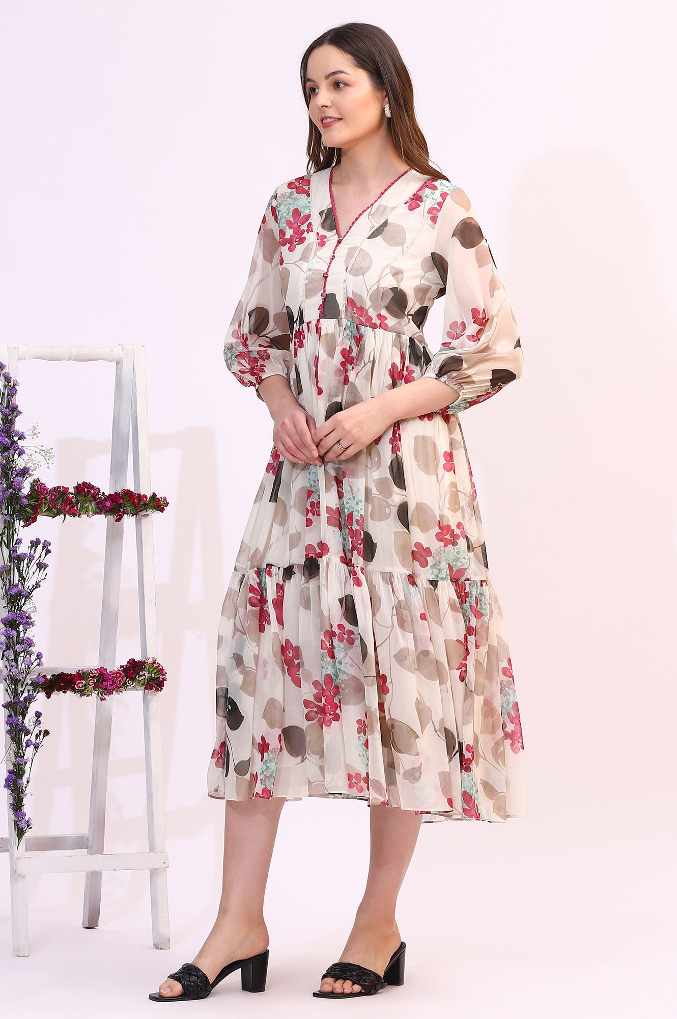 Off White Bold Floral Printed Chiffon Tiered Dress