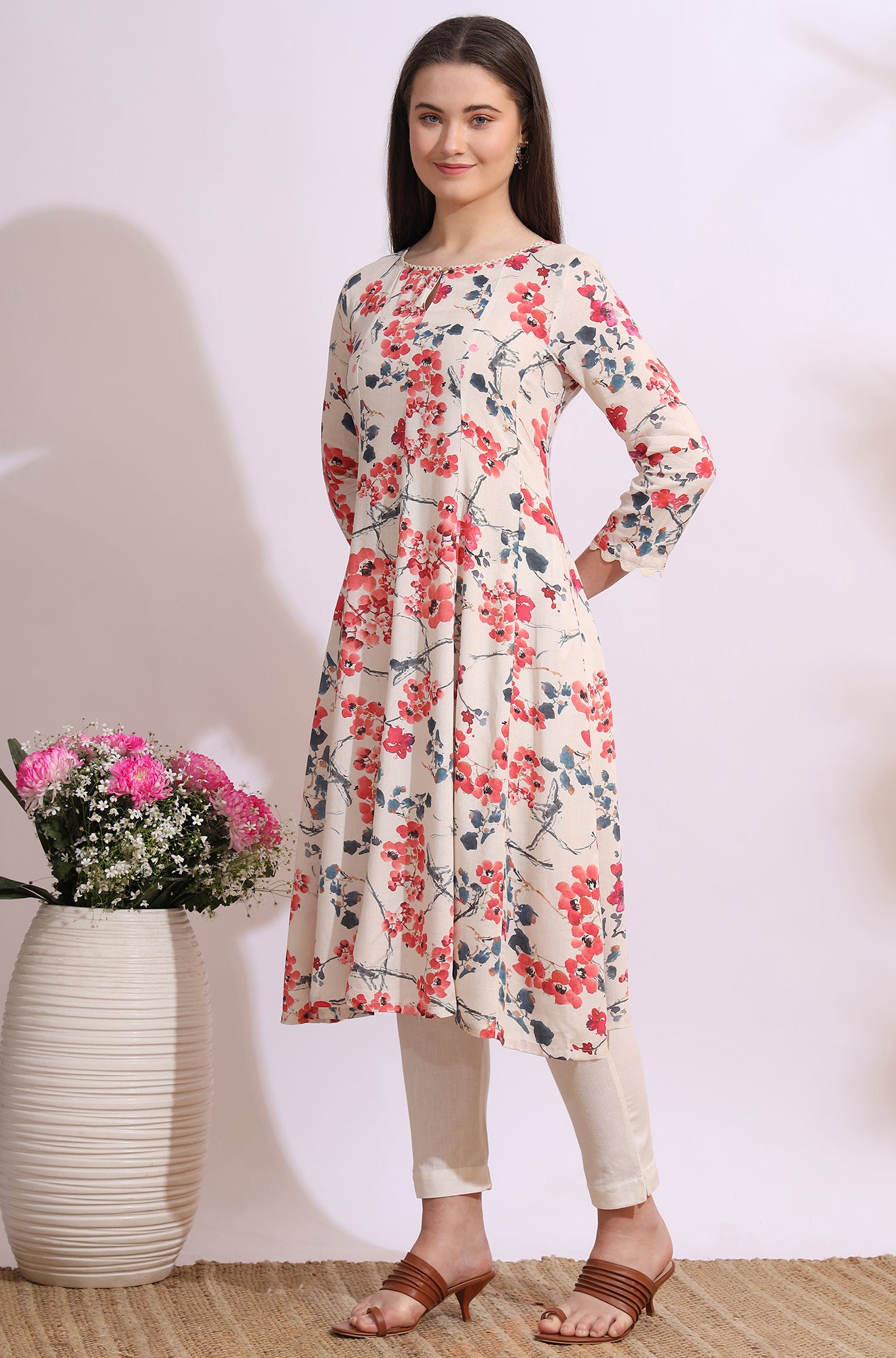 Light Beige Floral Printed Rayon Flax Anarkali Kurta with Lace