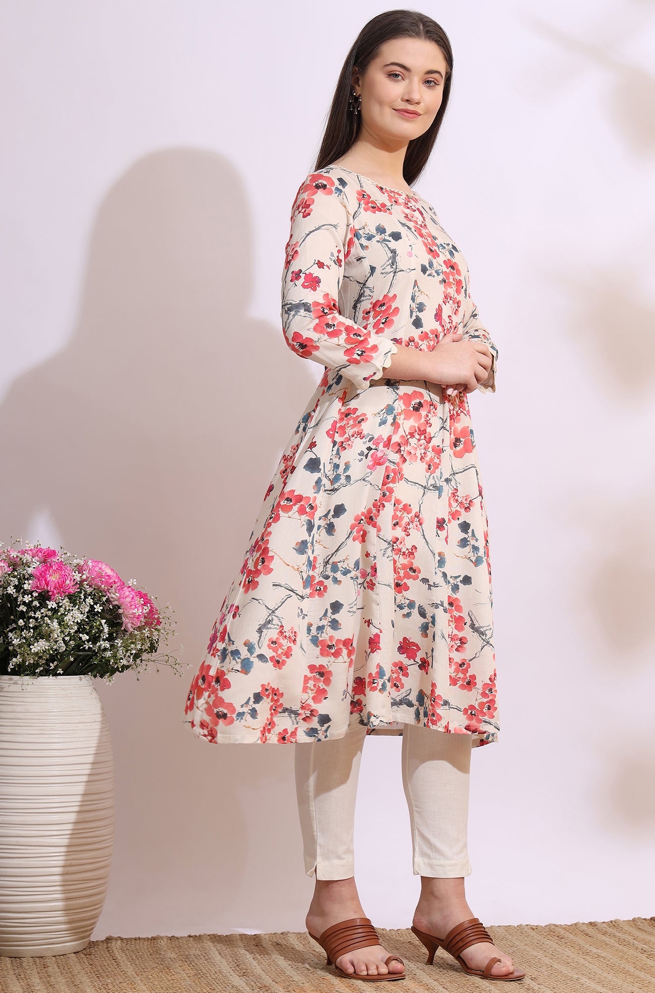 Light Beige Floral Printed Rayon Flax Anarkali Kurta with Lace