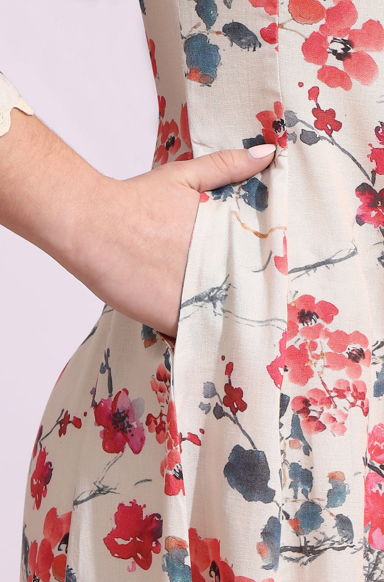 Light Beige Floral Printed Rayon Flax Anarkali Kurta with Lace