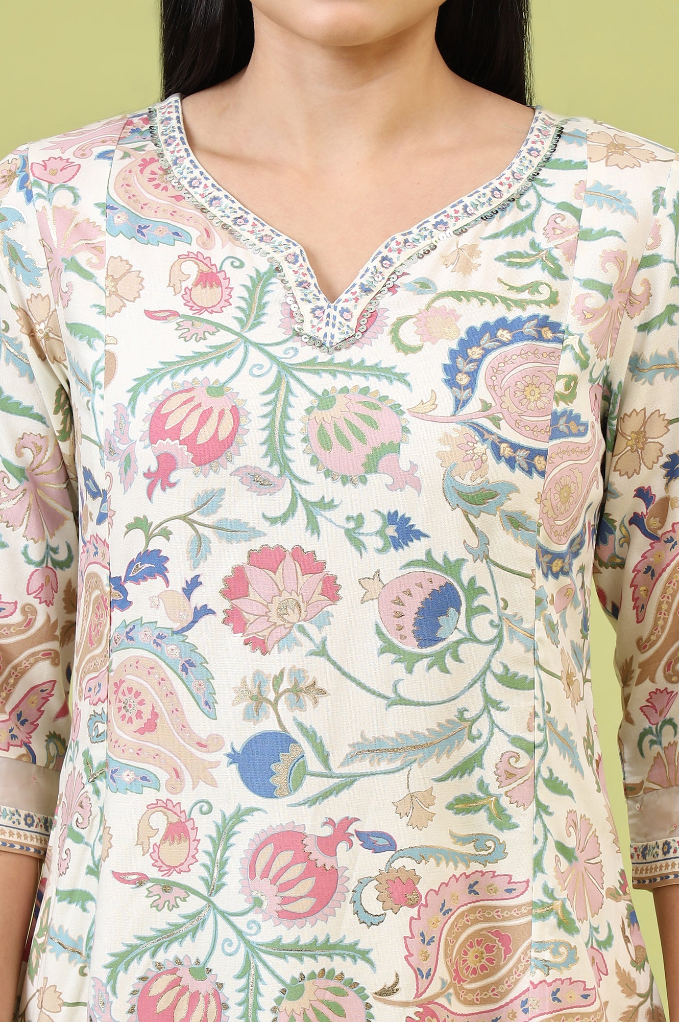 White Chintz Floral Printed Rayon Straight Kurta with Sequins