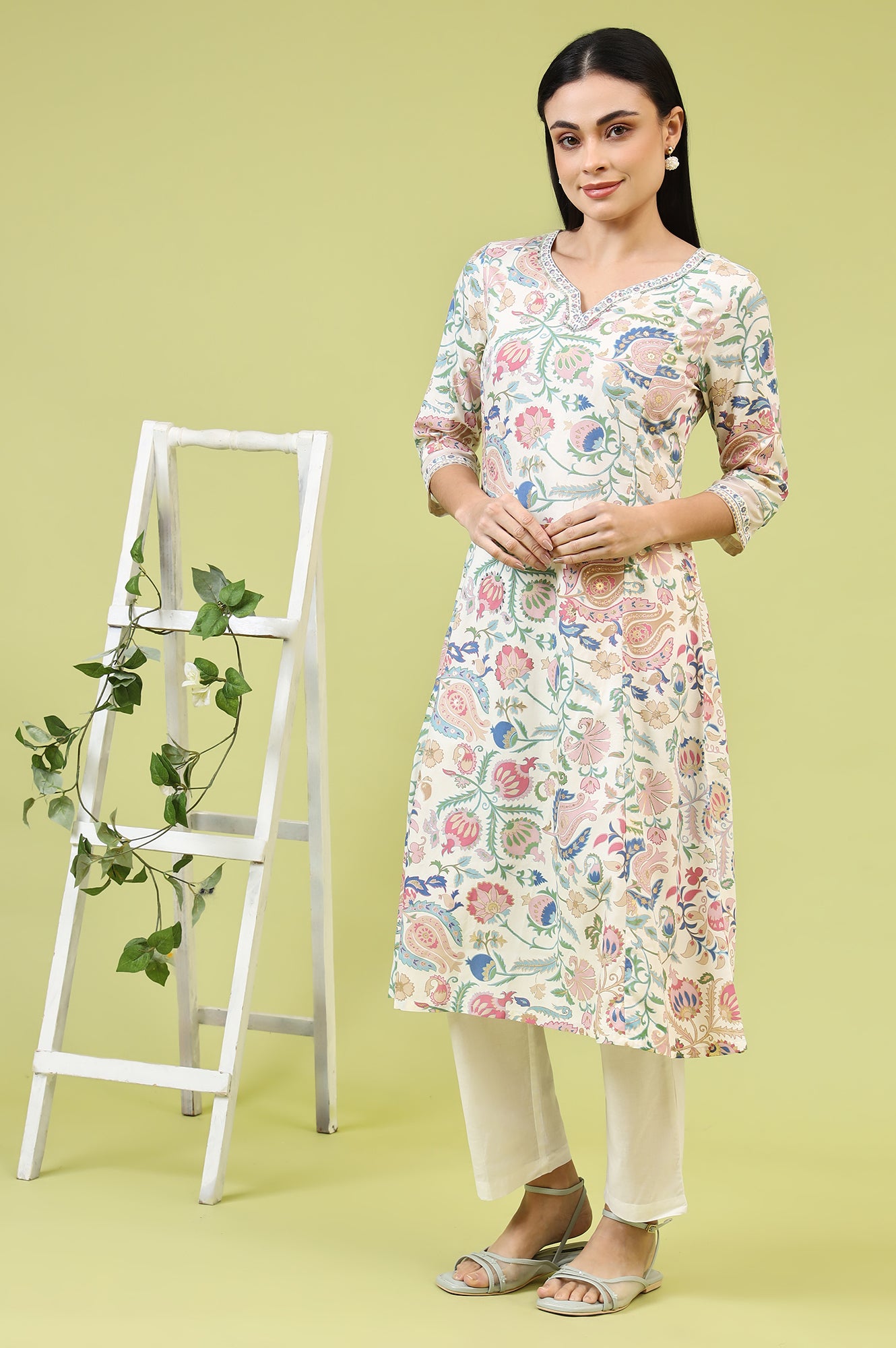 White Chintz Floral Printed Rayon Straight Kurta with Sequins