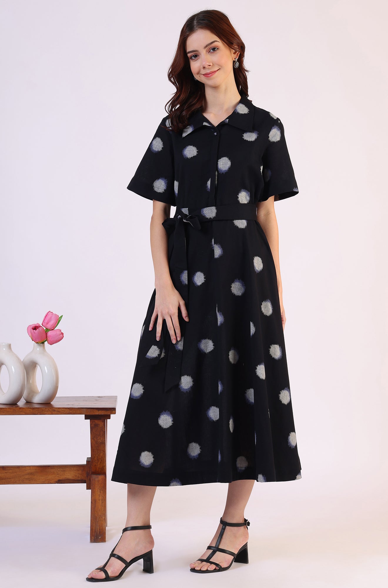 Black Printed Flared Cotton Blend Dress