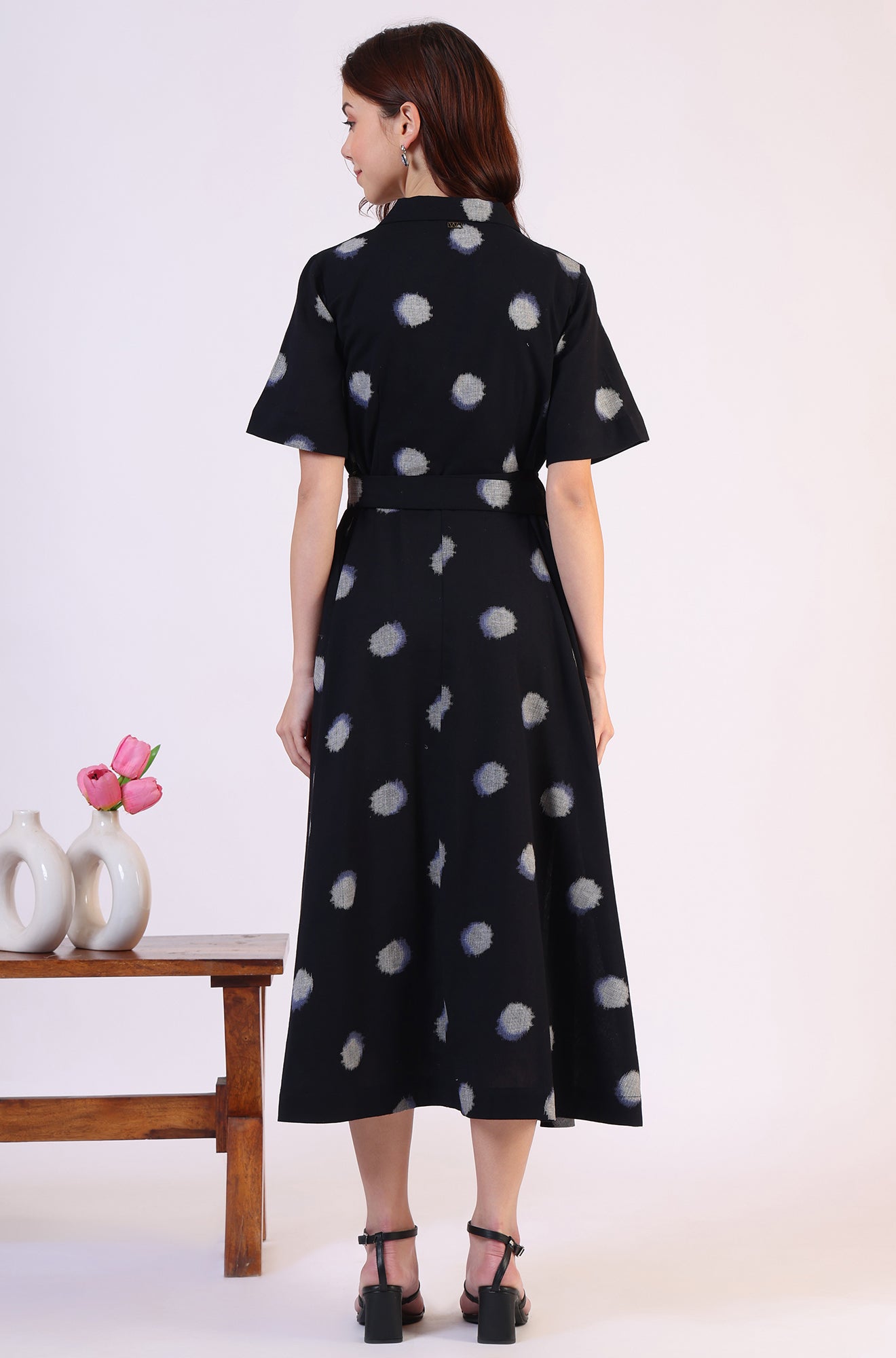 Black Printed Flared Cotton Blend Dress