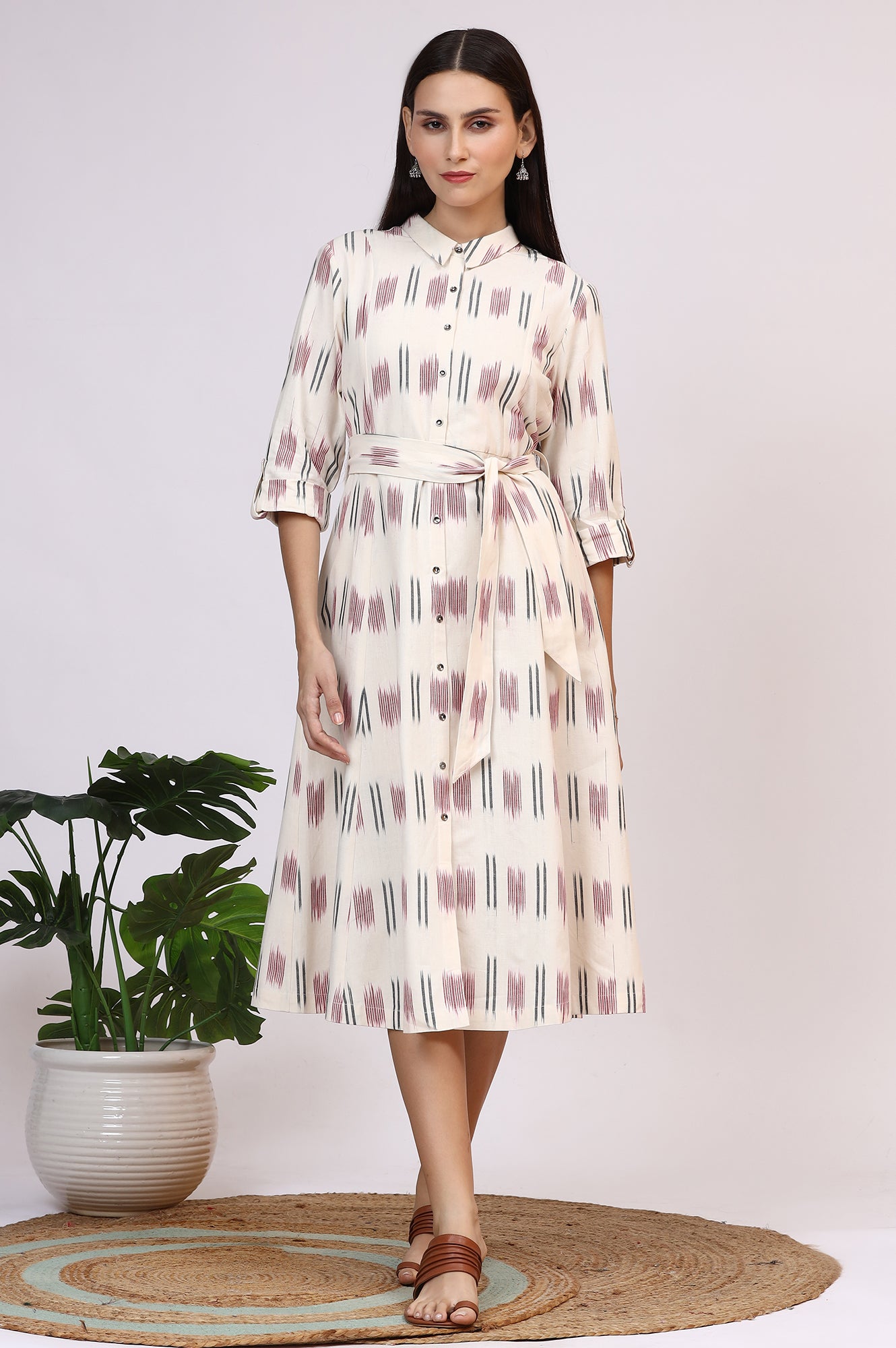 White Ikkat Pure Cotton A-line Shirt Dress with Belt