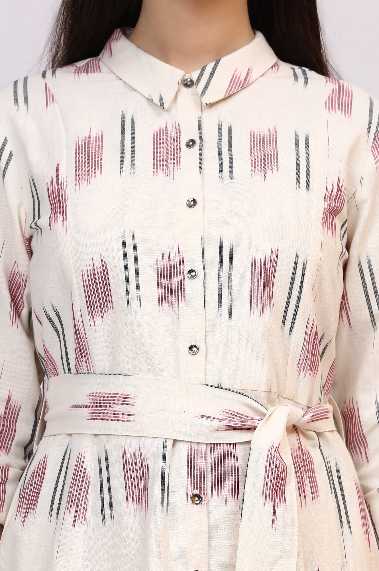White Ikkat Pure Cotton A-line Shirt Dress with Belt