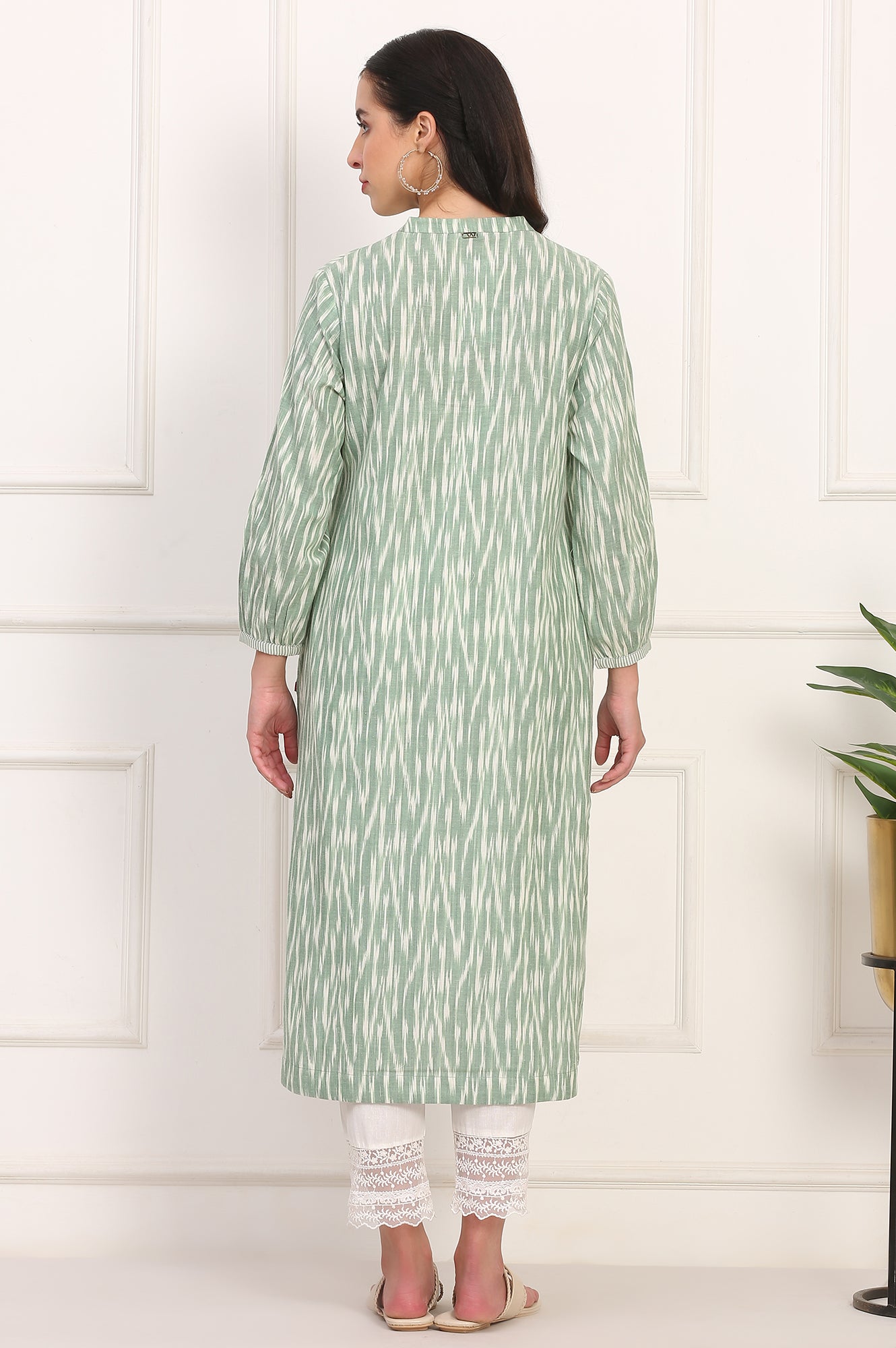 New Sage Green Ikat Printed A-Line Pure Cotton Kurta