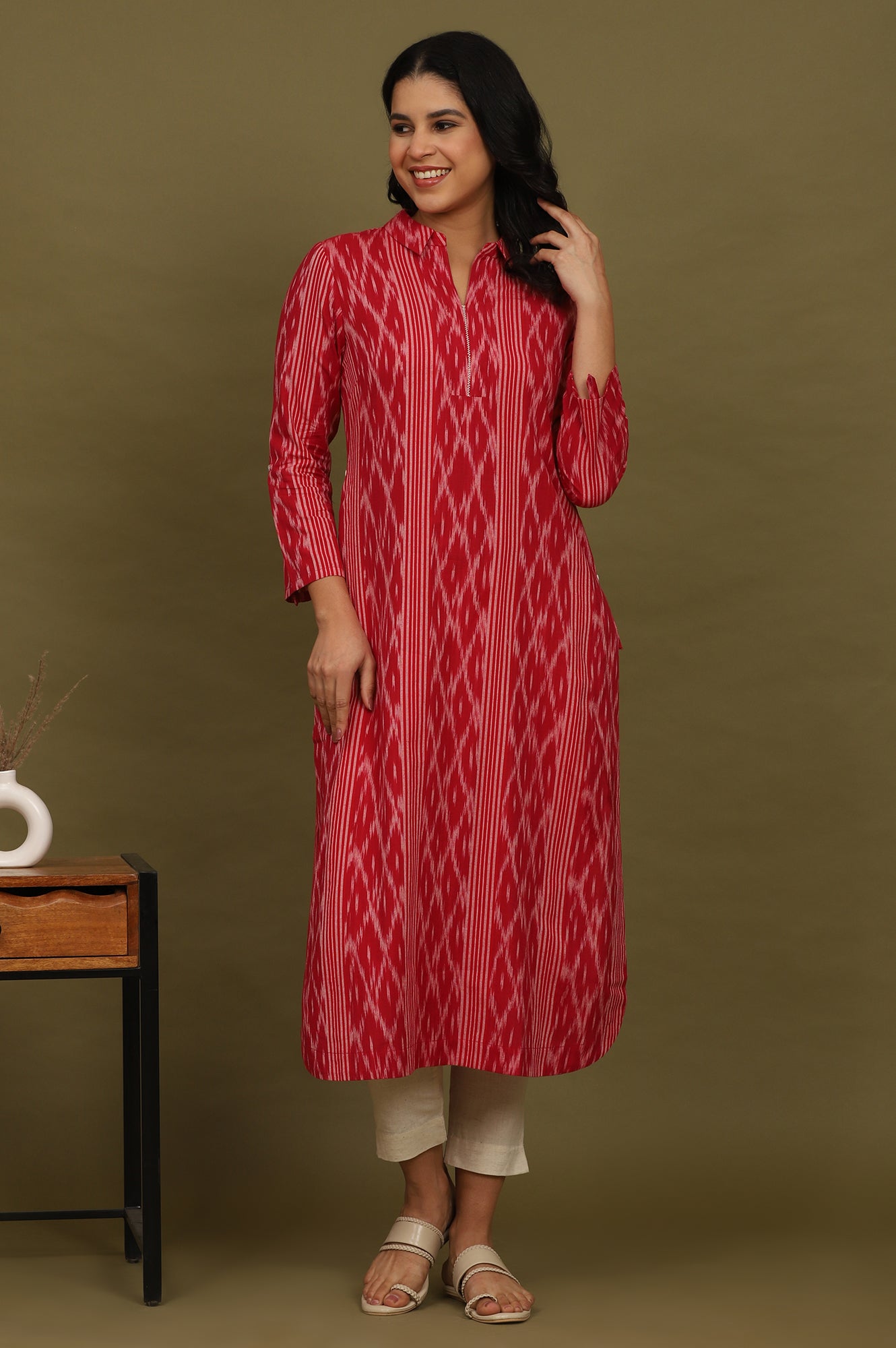 Red Ikat Yarn Dyed Pure Cotton Shirt Collar Kurta