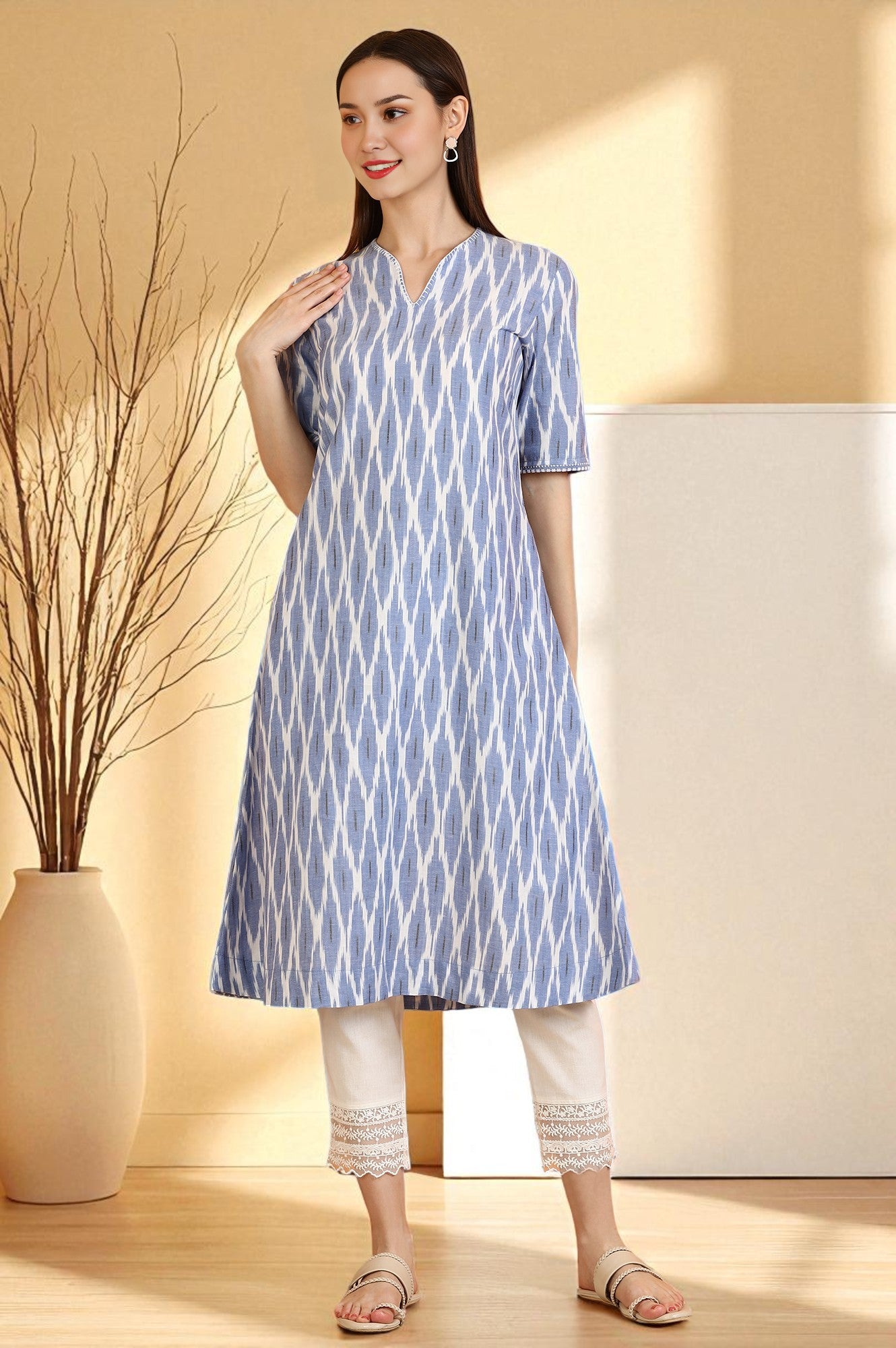 Cobalt Blue Ikkat Yarn Dyed Pure Cotton Straight Kurta