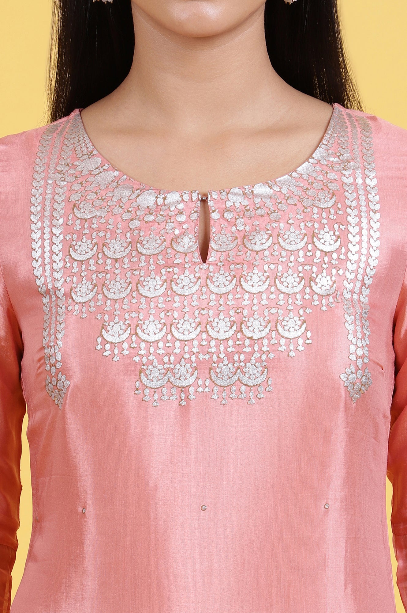 Pink Printed Shantung Straight Kurta in Keyhole Neck