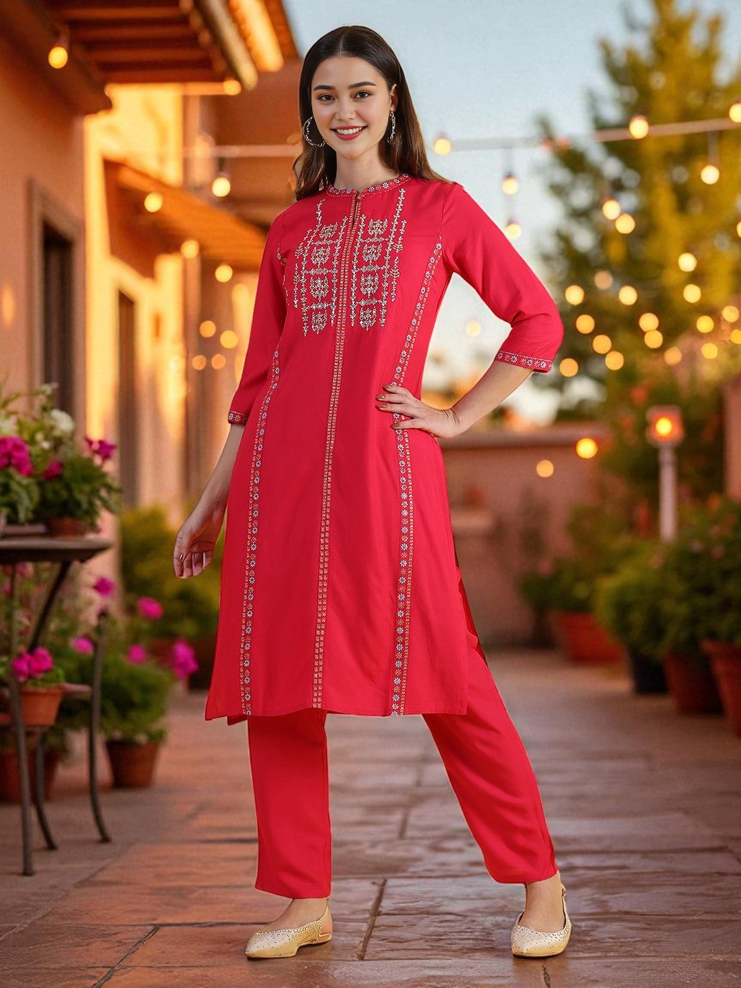 Pink Glitter Printed Embroidered Straight Kurta