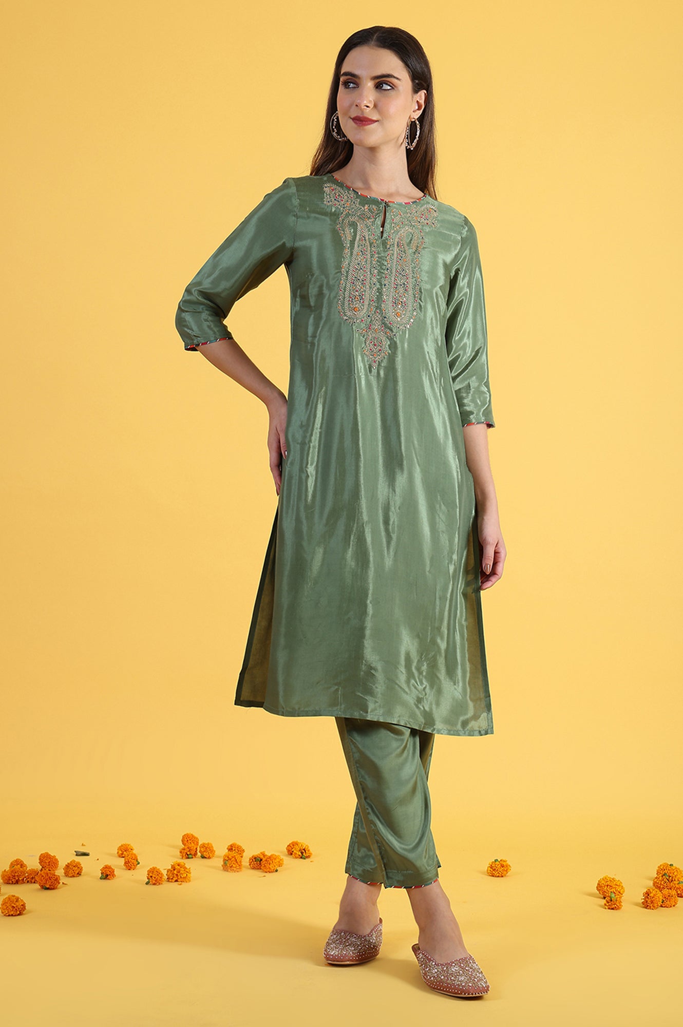 Light Green Embroidered Shantung Straight Kurta