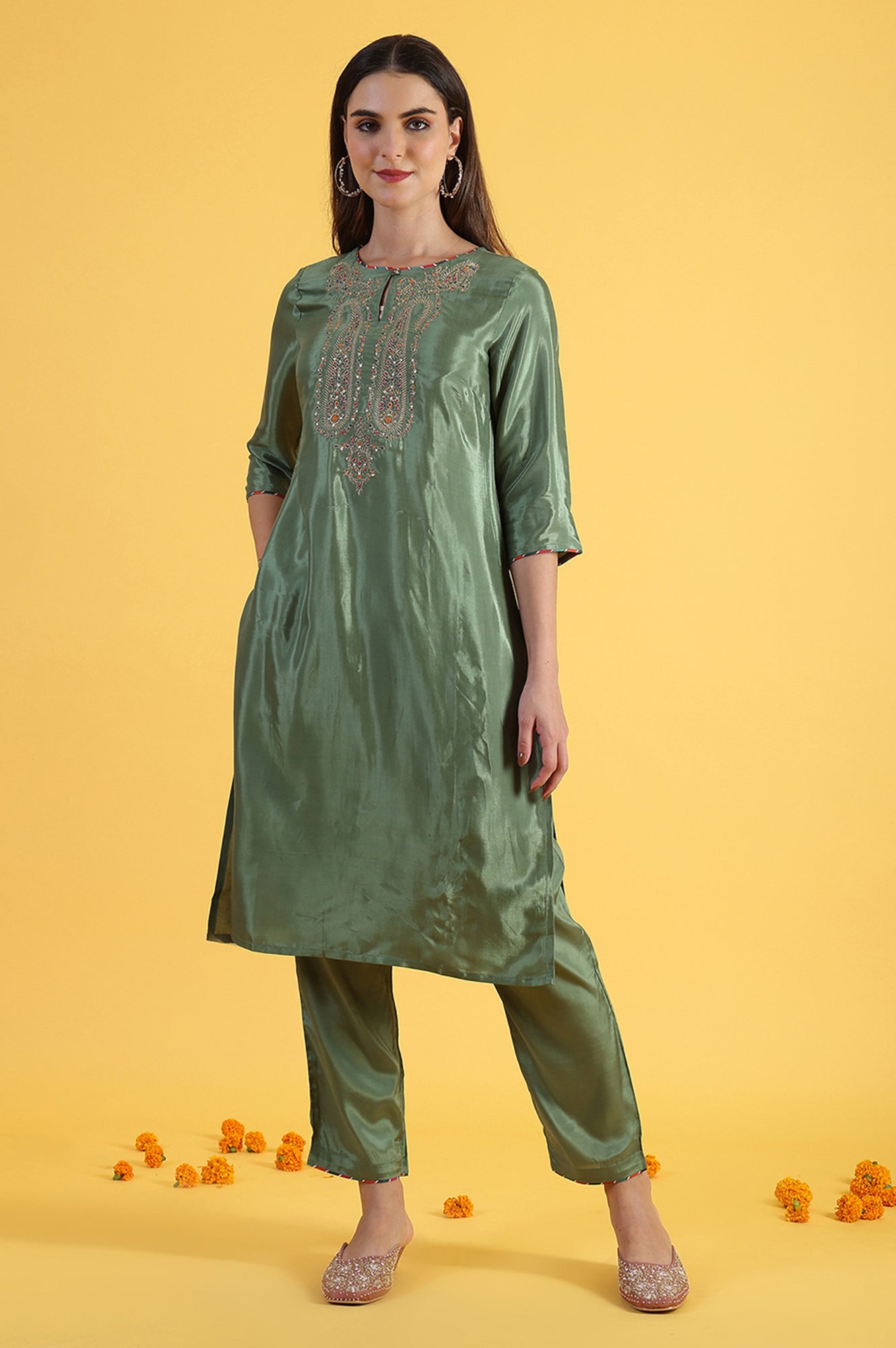 Light Green Embroidered Shantung Straight Kurta