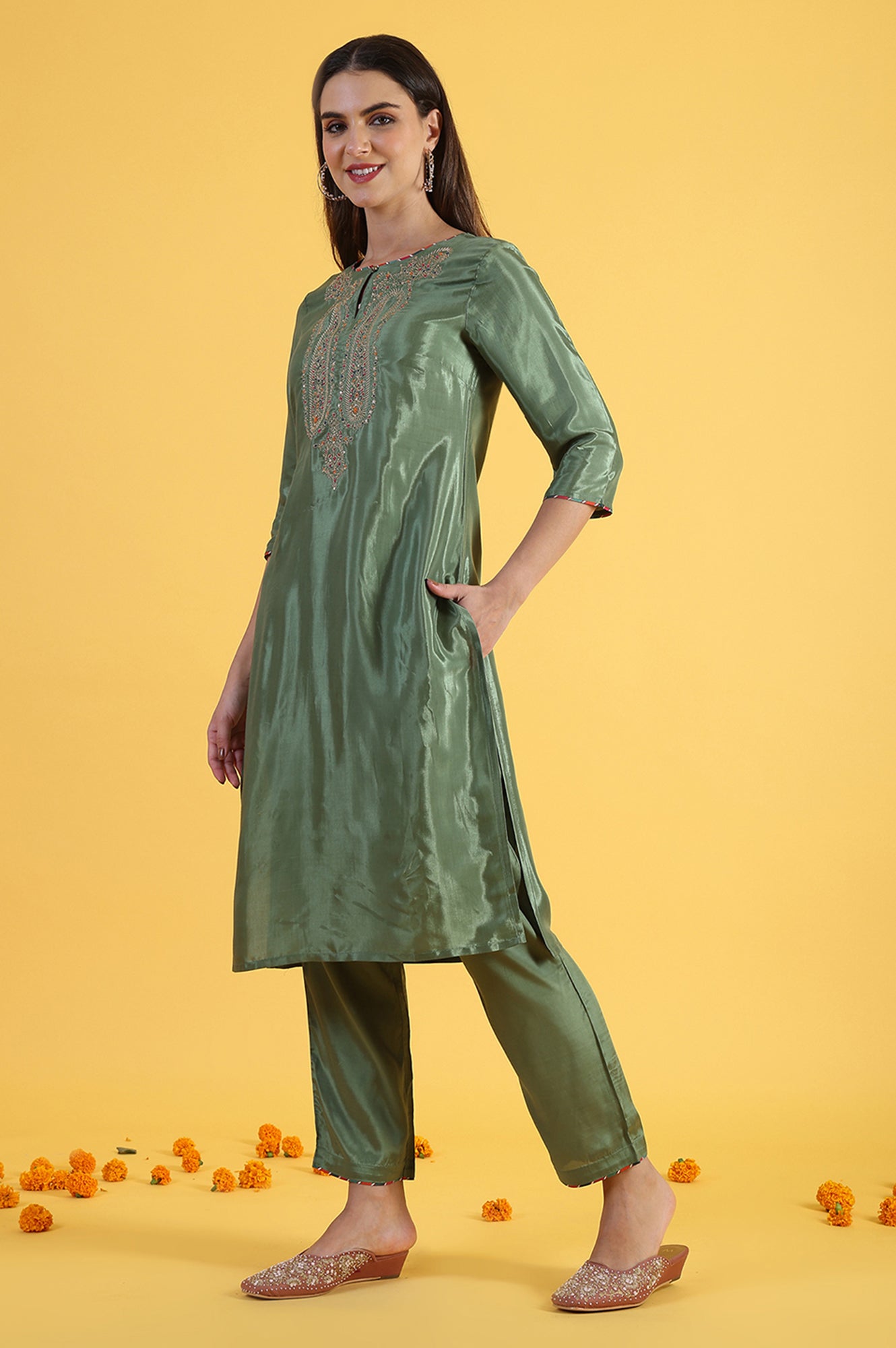 Light Green Embroidered Shantung Straight Kurta