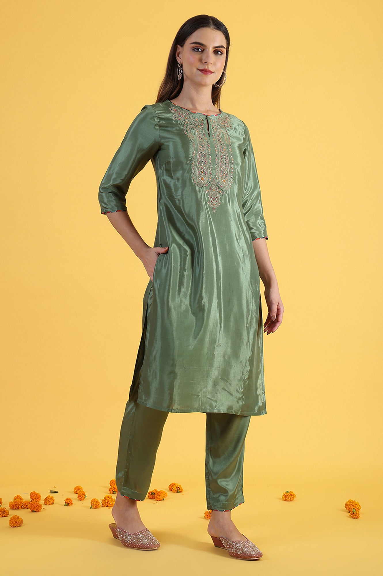 Light Green Embroidered Shantung Straight Kurta