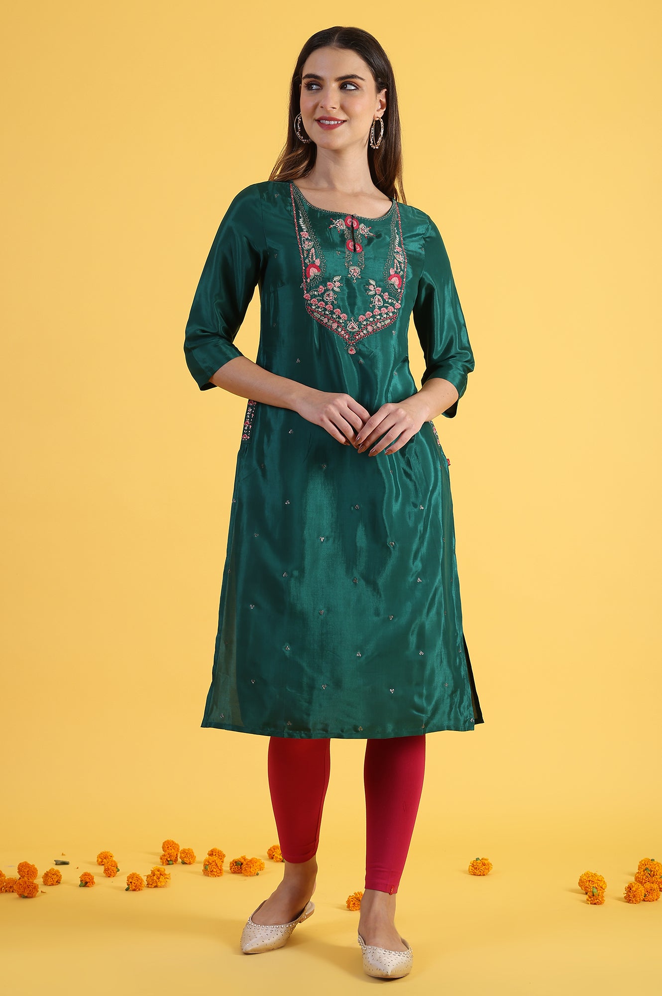 Green Thread Embroidered Straight Festive Kurta