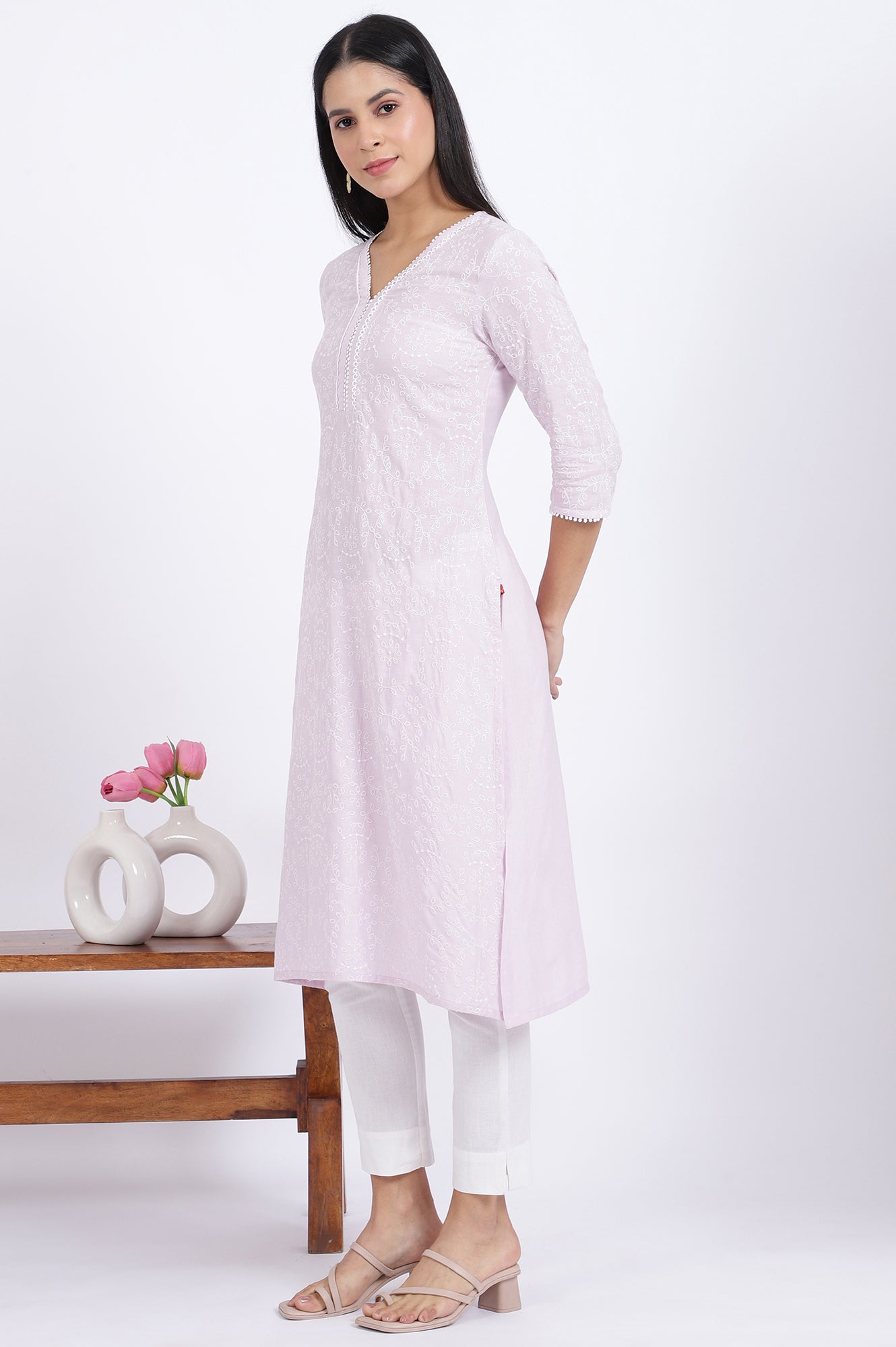 Purple Embroidered Straight Rayon Kurta