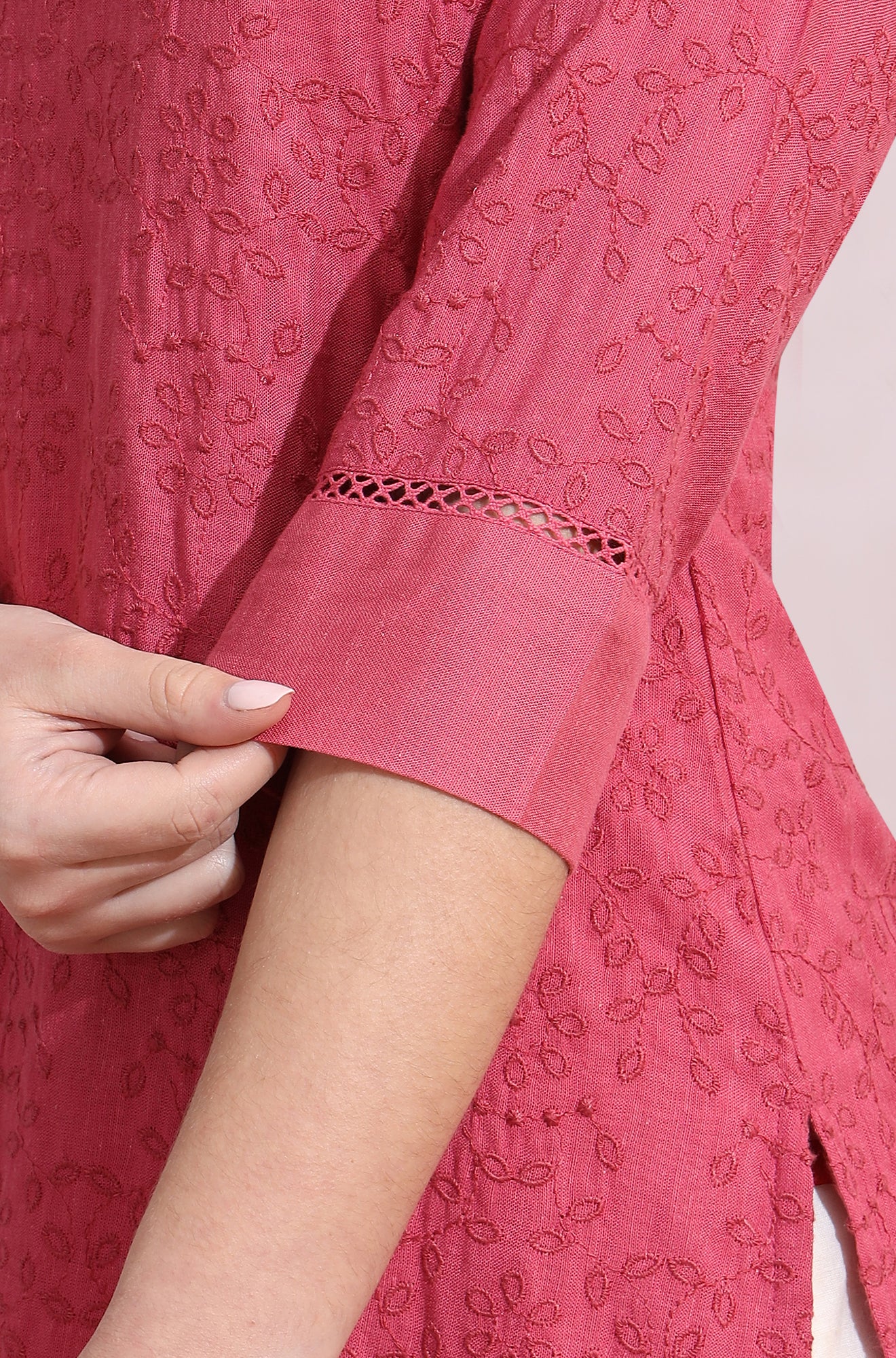 Pink Floral Schiffli Embroidered Straight Kurta in Round Neck