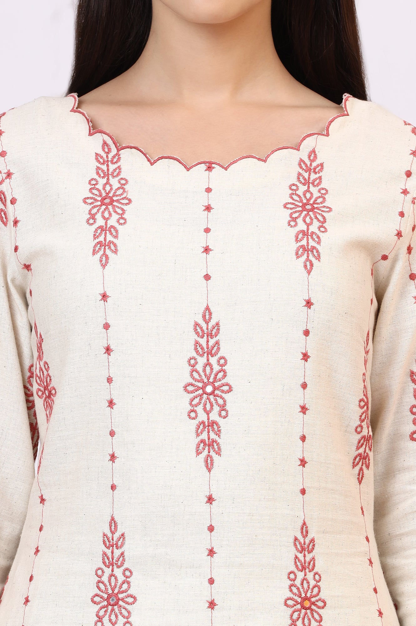 Light Beige Thread Embroidered Cotton Flax Straight Kurta