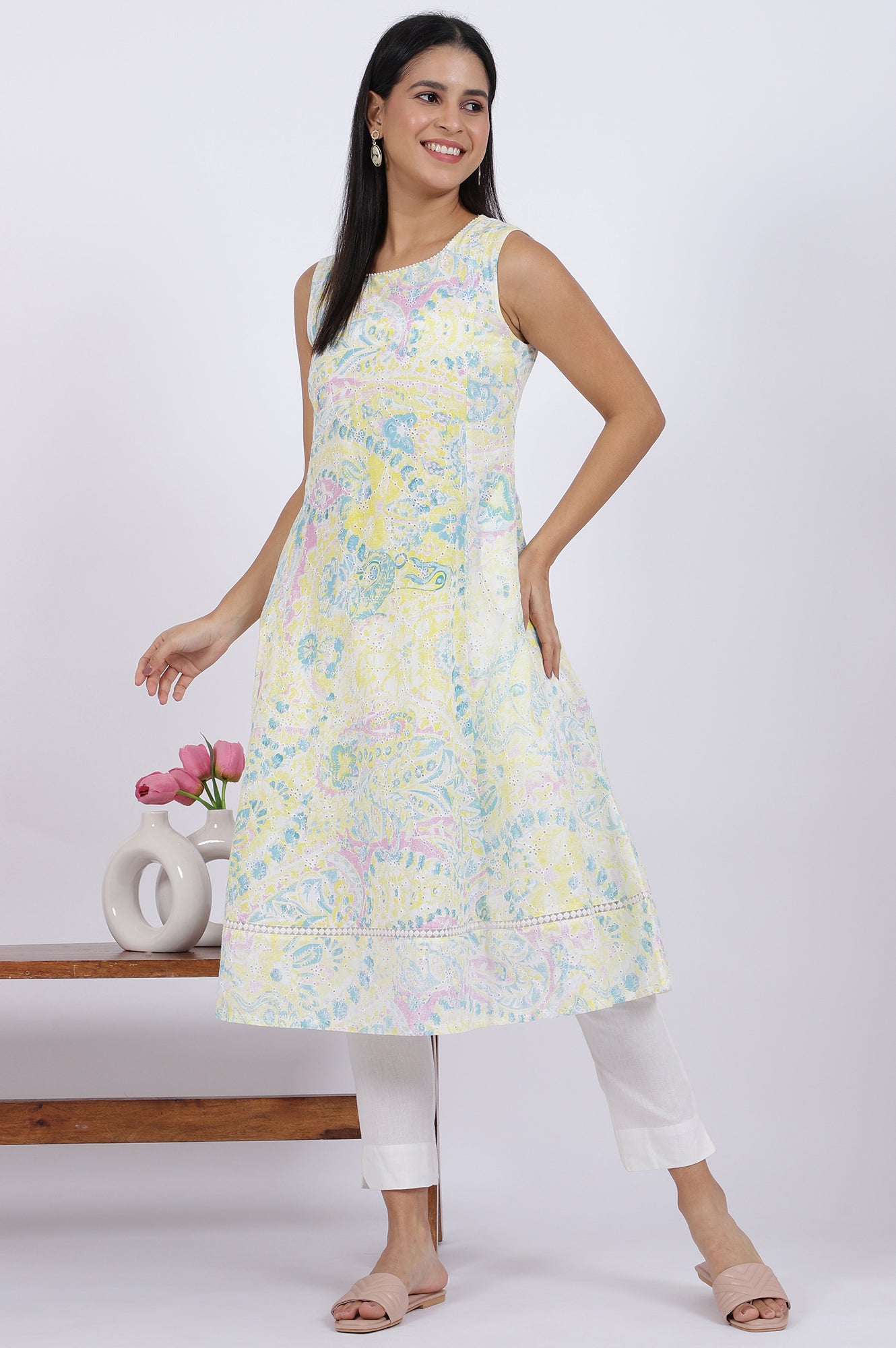 Multicolor Printed Flared Pure Cotton Kurta