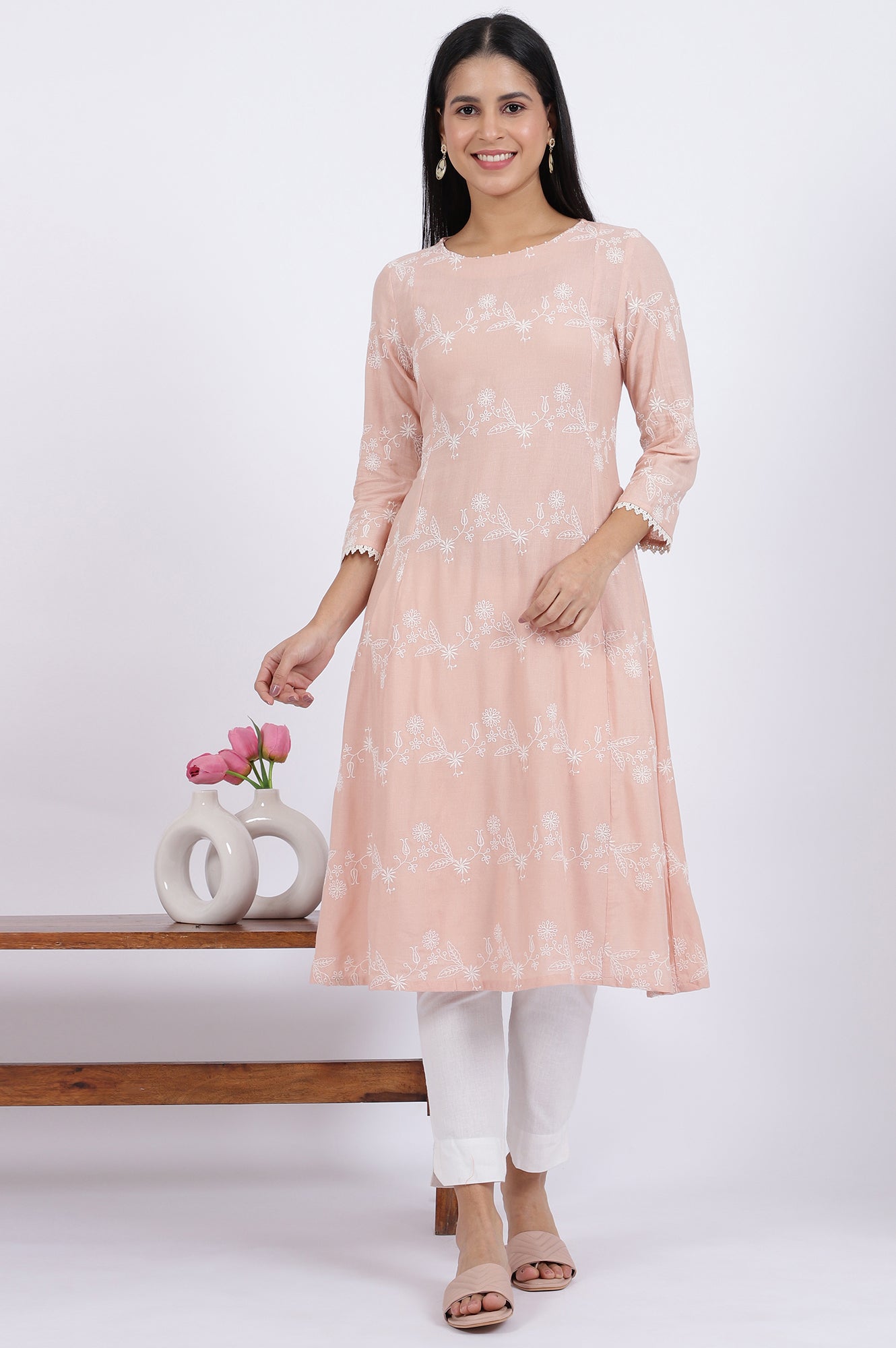 Pink Embroidered Flared Rayon Kurta