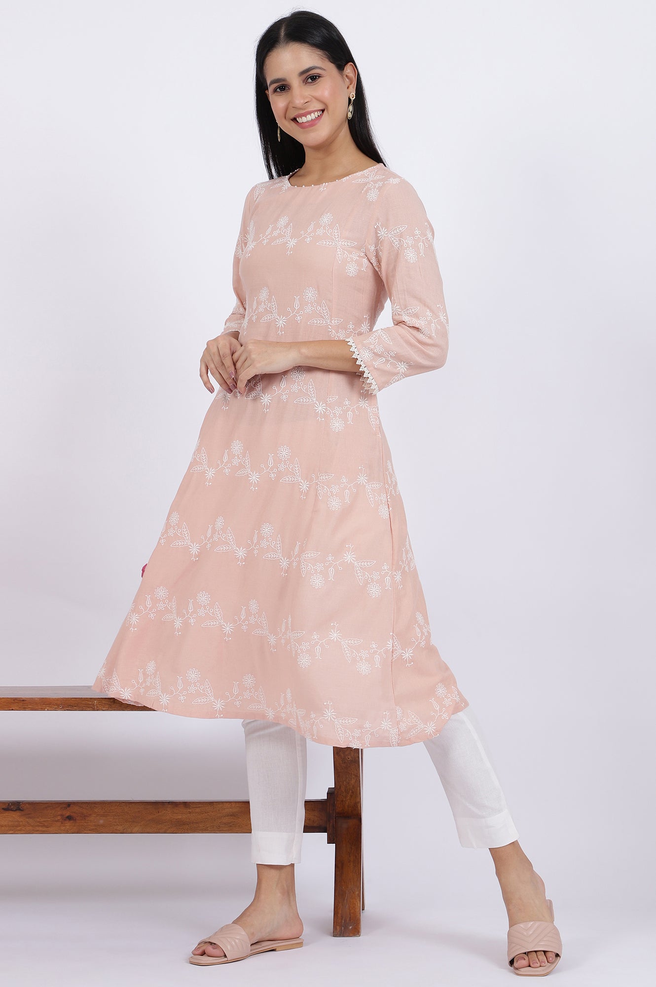 Pink Embroidered Flared Rayon Kurta