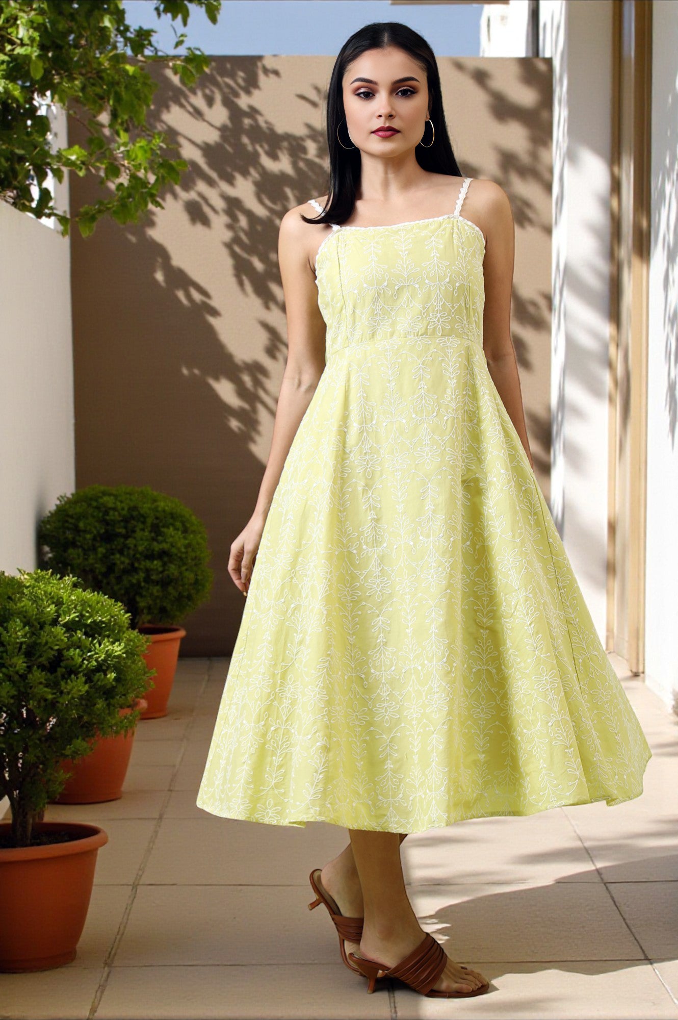 Buy Lime Green Schiffli Embroidered Pure Cotton Flared Spaghetti Dress  Online for Woman