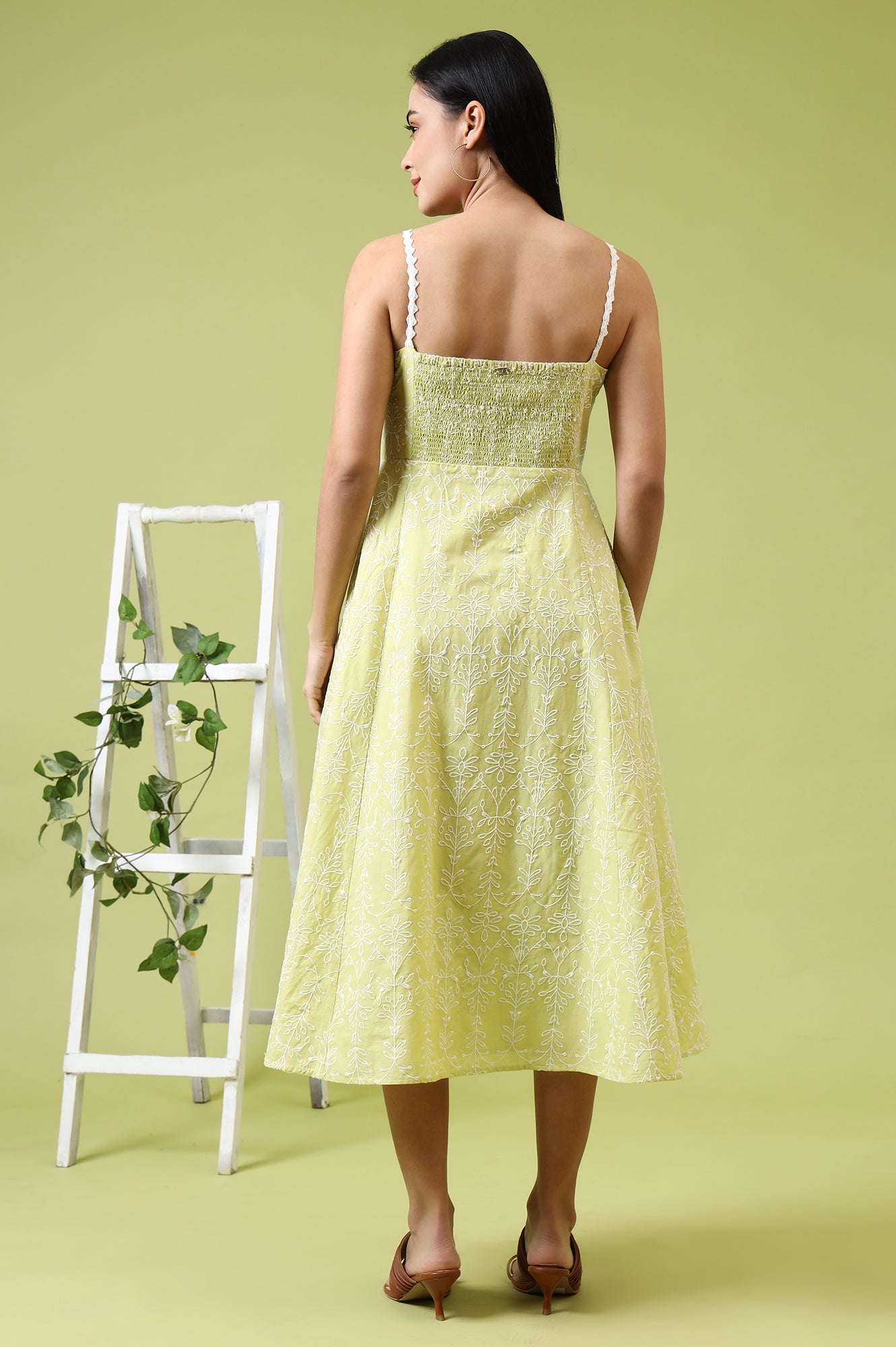 Lime Green Schiffli Embroidered Pure Cotton Flared Spaghetti Dress