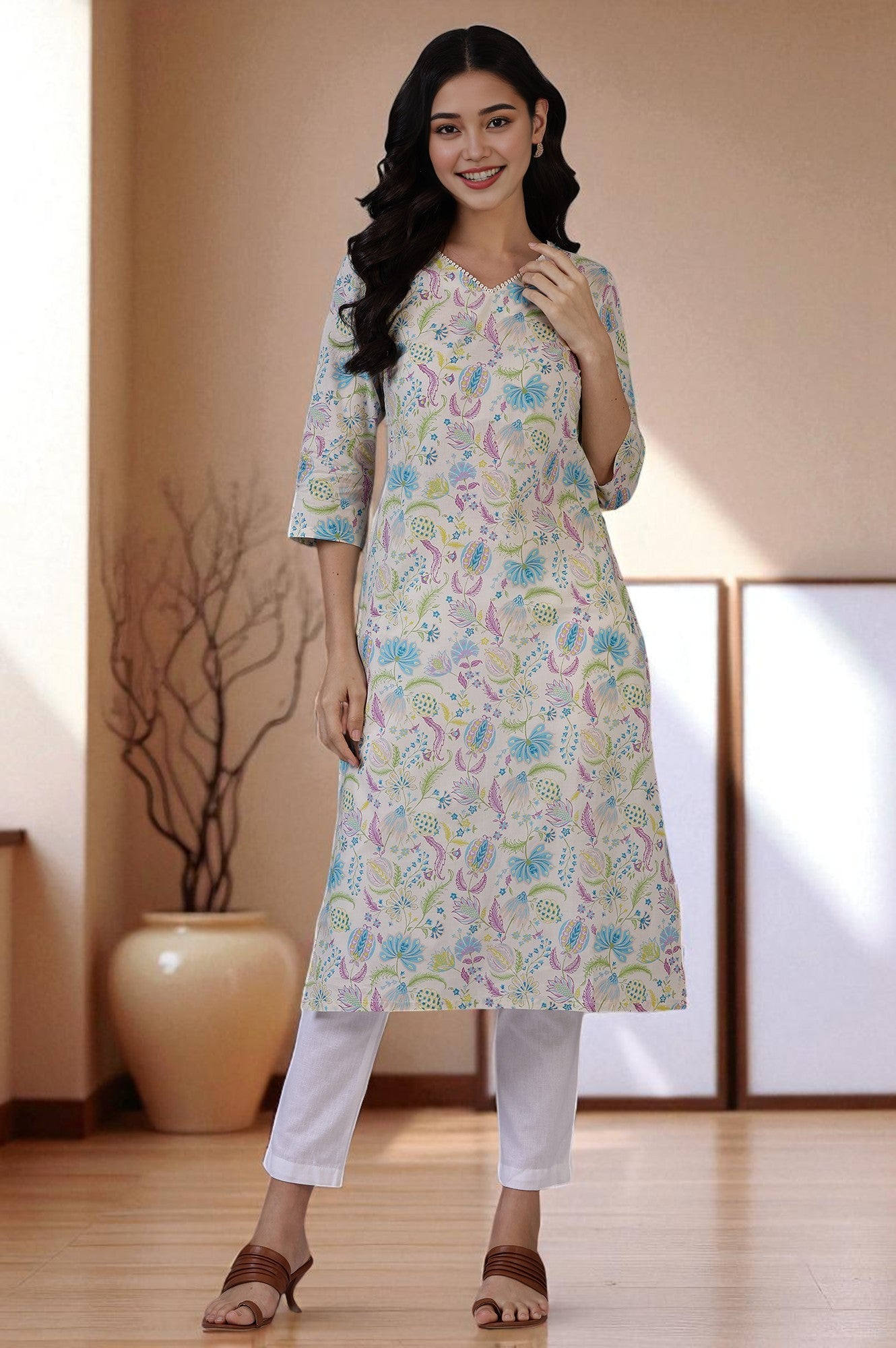 Light Beige Floral Printed Pure Cotton Straight Kurta
