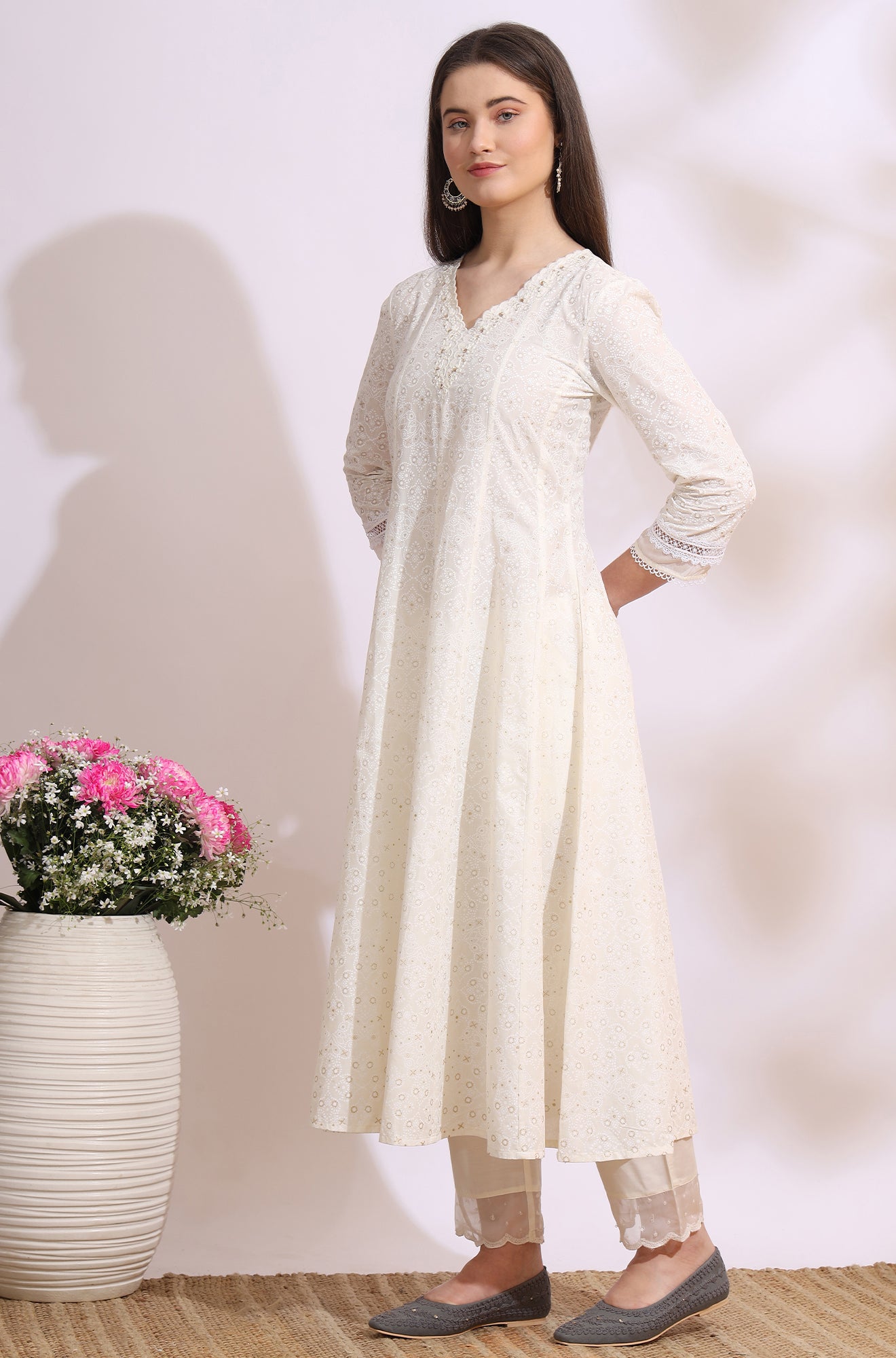 White Glitter Printed Pure Cotton Anarkali Kurta with Embroidery