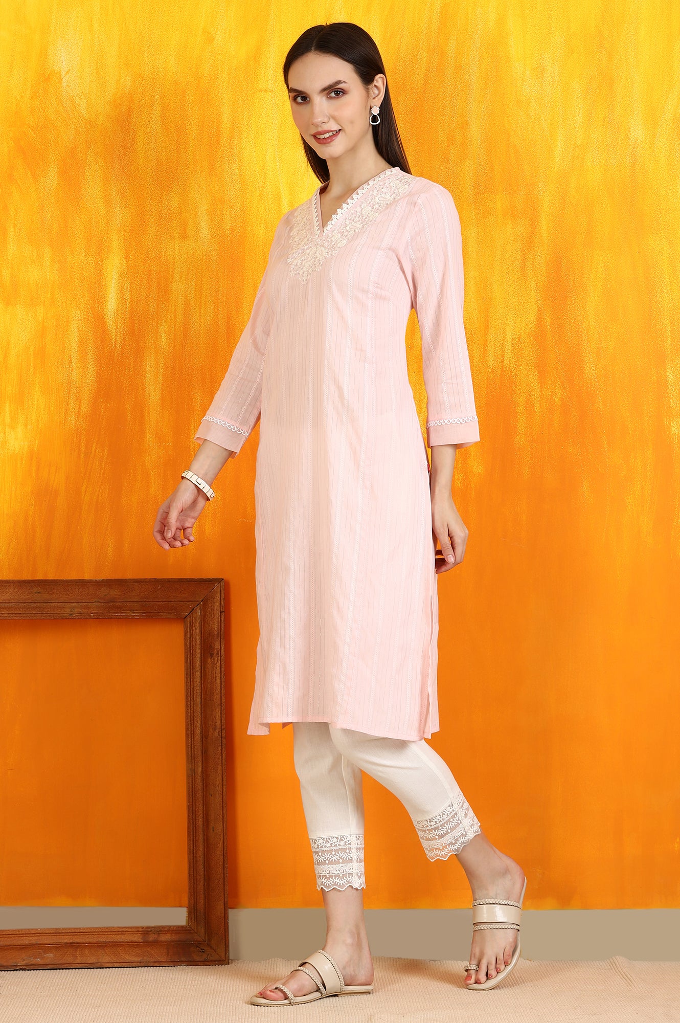 Light Pink Embroidered Cotton Lurex Straight Kurta